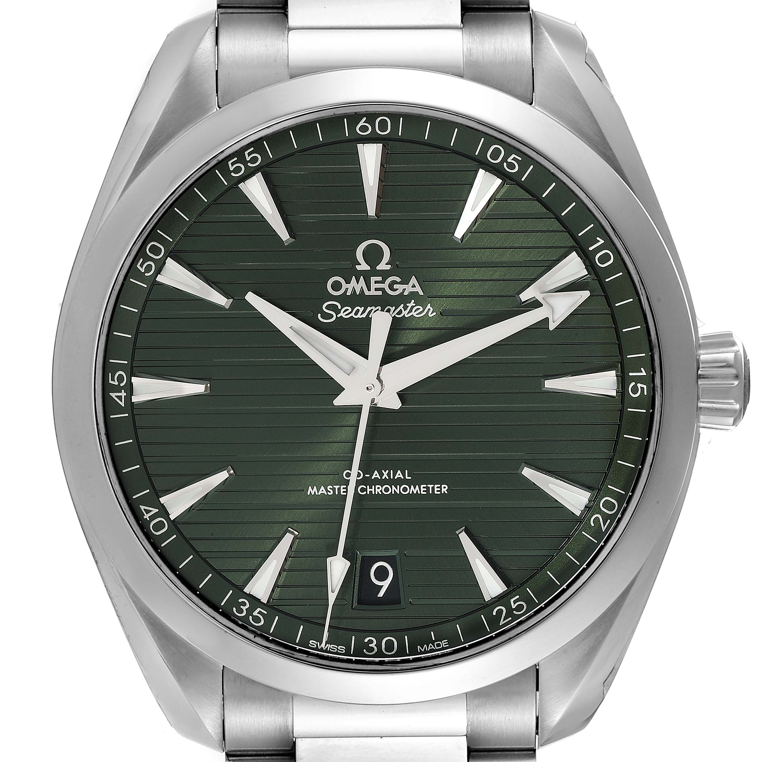 This is a front view of an Omega Aqua Terra 220.10.41.21.10.001 Men's Stainless Steel Green Dial 220.10.41.21.10.001 Men's Stainless Steel Green Dial watch, displaying the face, hour markers, hands, and part of the bracelet.