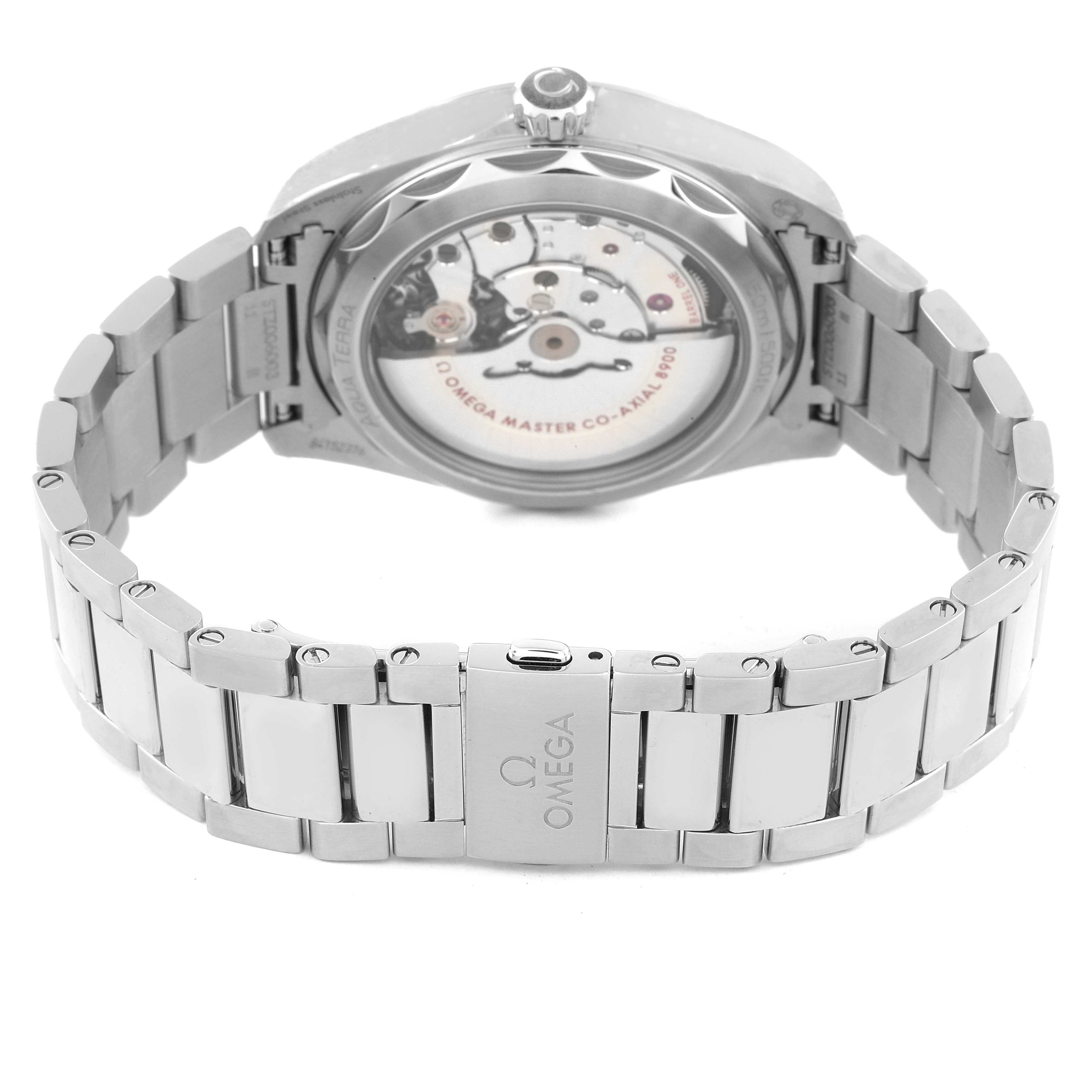 The image shows the back of the Omega Aqua Terra 220.10.41.21.10.001 Men's Stainless Steel Green Dial 220.10.41.21.10.001 Men's Stainless Steel Green Dial watch, highlighting its exposed movement and the stainless steel bracelet.