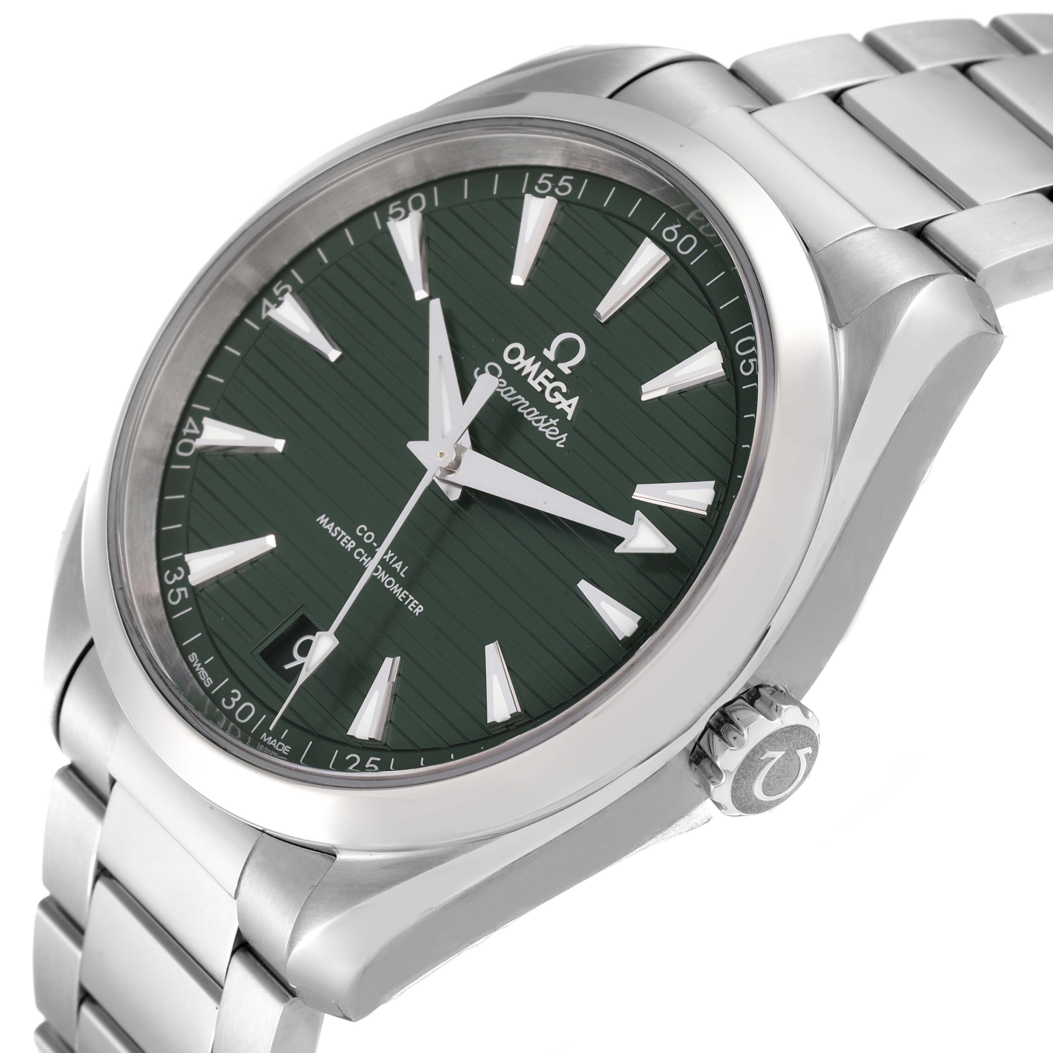 The image shows an Omega Aqua Terra 220.10.41.21.10.001 Men's Stainless Steel Green Dial 220.10.41.21.10.001 Men's Stainless Steel Green Dial watch from a slight left-side angle, highlighting its green dial, crown, and stainless steel bracelet.