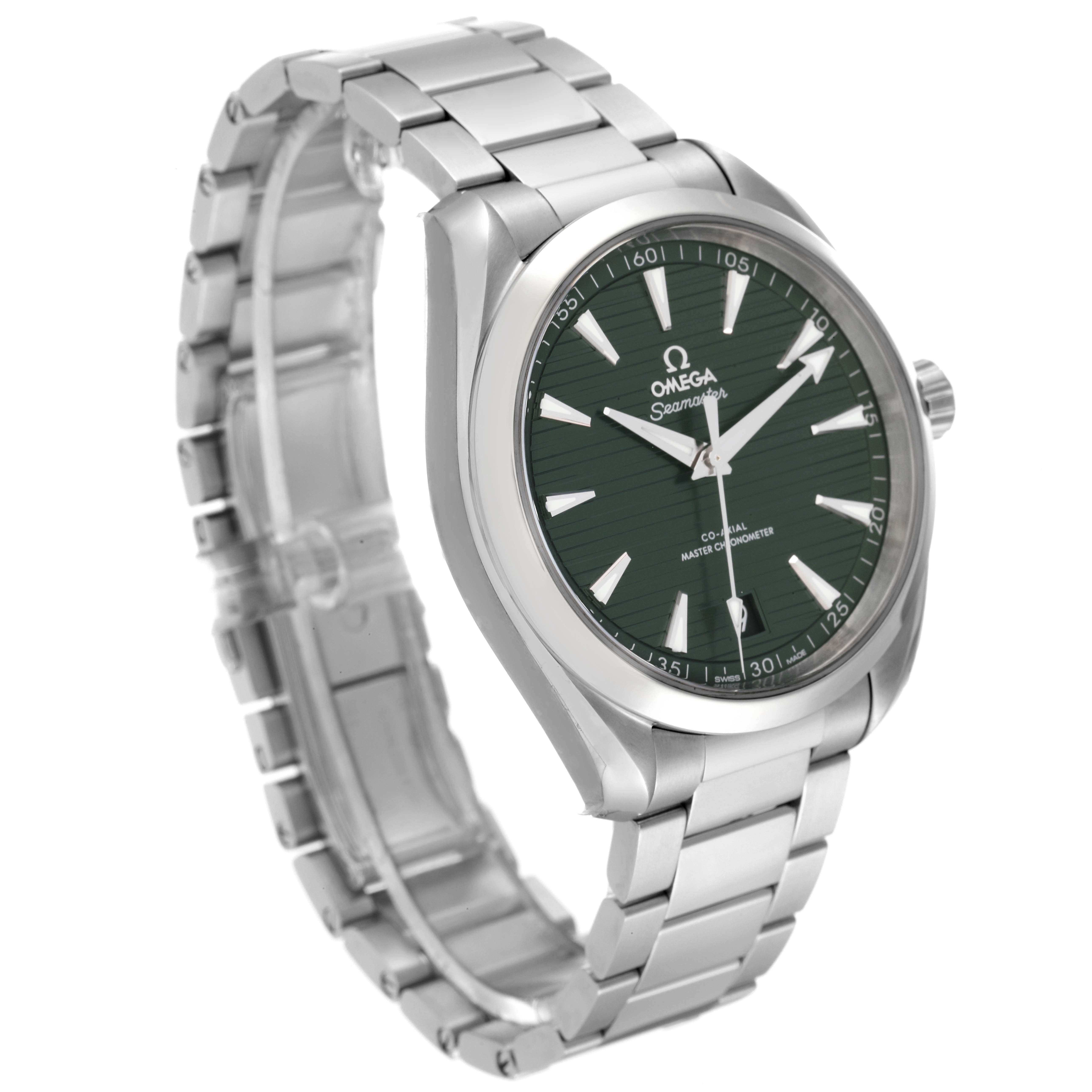 The Omega Aqua Terra 220.10.41.21.10.001 Men's Stainless Steel Green Dial 220.10.41.21.10.001 Men's Stainless Steel Green Dial watch is shown at an oblique angle, highlighting the green dial and stainless steel bracelet.