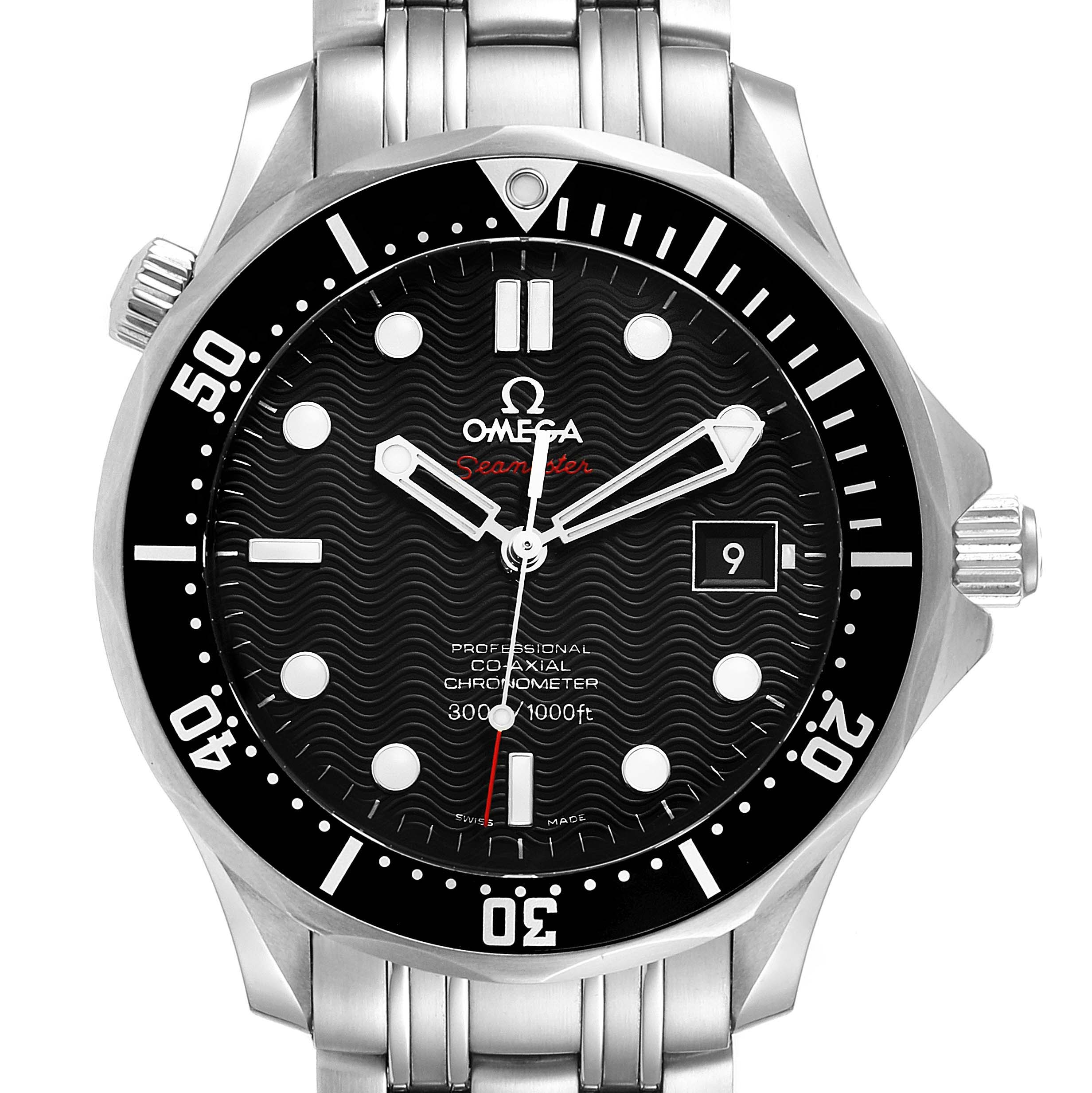 The image shows a front view of an Omega Seamaster 212.30.41.20.01.002 Men
s Stainless Steel Black Dial 212.30.41.20.01.002 Men
s Stainless Steel Black Dial watch, highlighting the dial, bezel, and stainless steel bracelet.