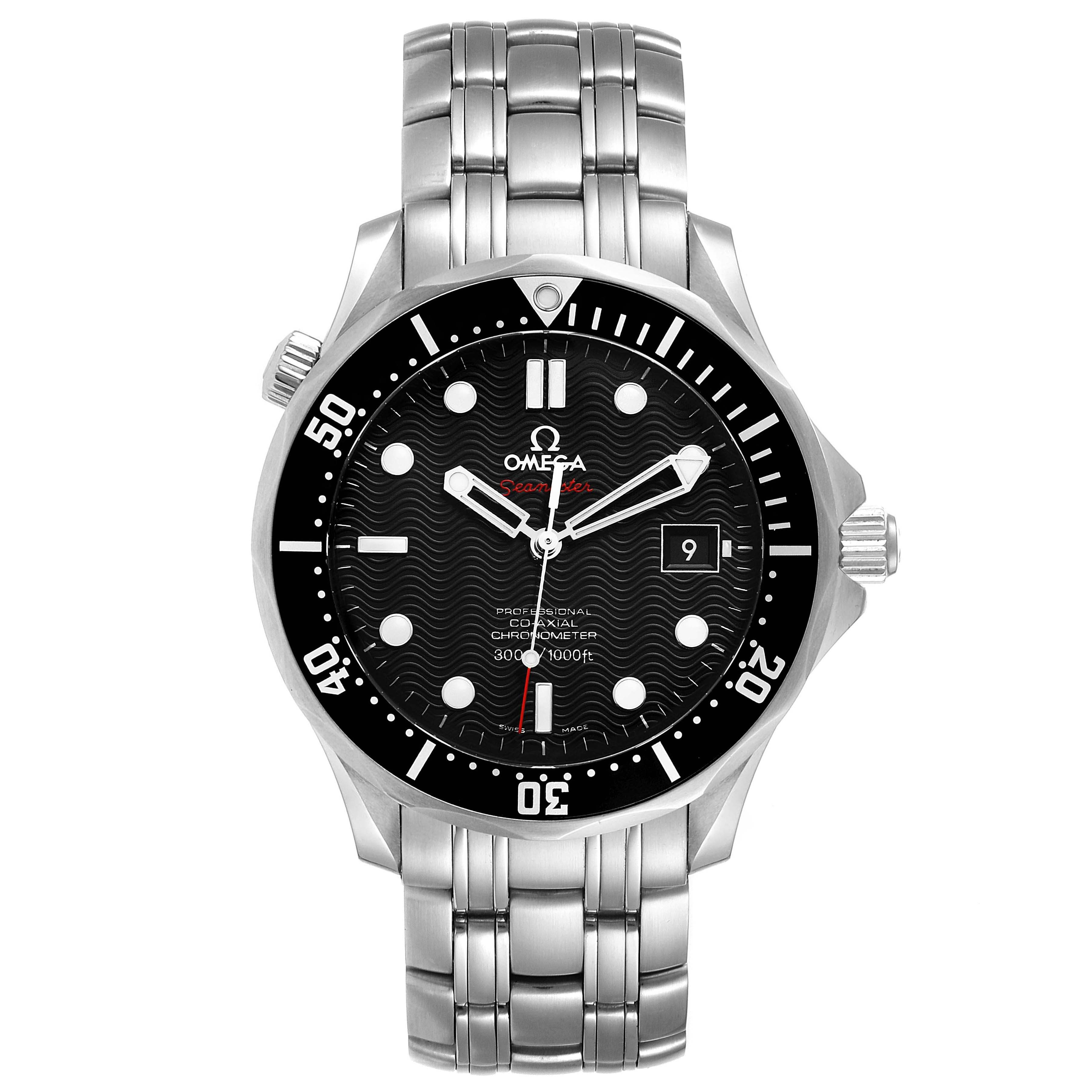 This image shows a front view of the Omega Seamaster 212.30.41.20.01.002 Men
s Stainless Steel Black Dial 212.30.41.20.01.002 Men
s Stainless Steel Black Dial watch, highlighting its dial, bezel, hands, and stainless steel bracelet.