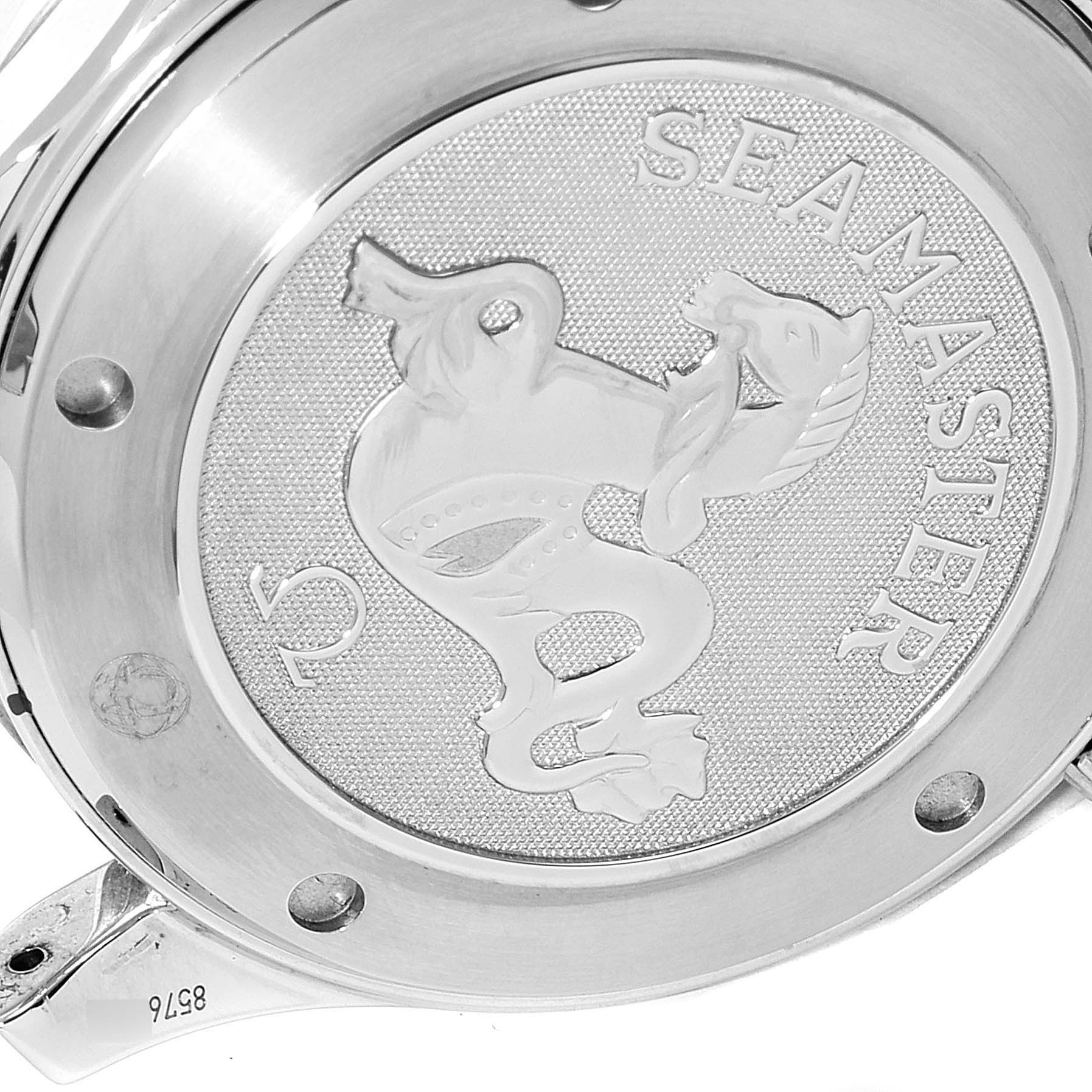 The image shows the caseback of an Omega Seamaster 212.30.41.20.01.002 Men
s Stainless Steel Black Dial 212.30.41.20.01.002 Men
s Stainless Steel Black Dial watch at an angled close-up view.