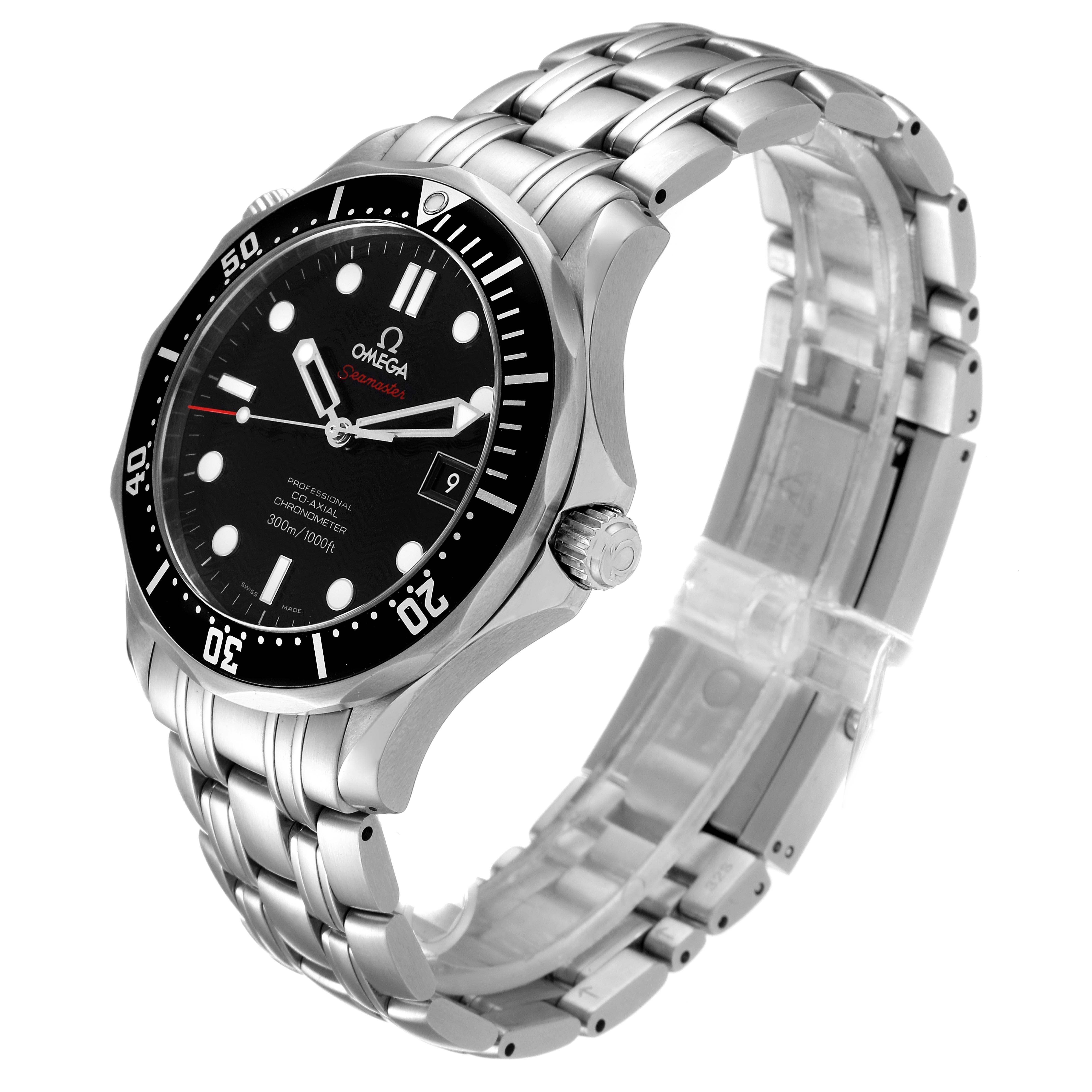 The image shows an angled side view of an Omega Seamaster 212.30.41.20.01.002 Men
s Stainless Steel Black Dial 212.30.41.20.01.002 Men
s Stainless Steel Black Dial watch, highlighting its face, bezel, crown, and metal bracelet.