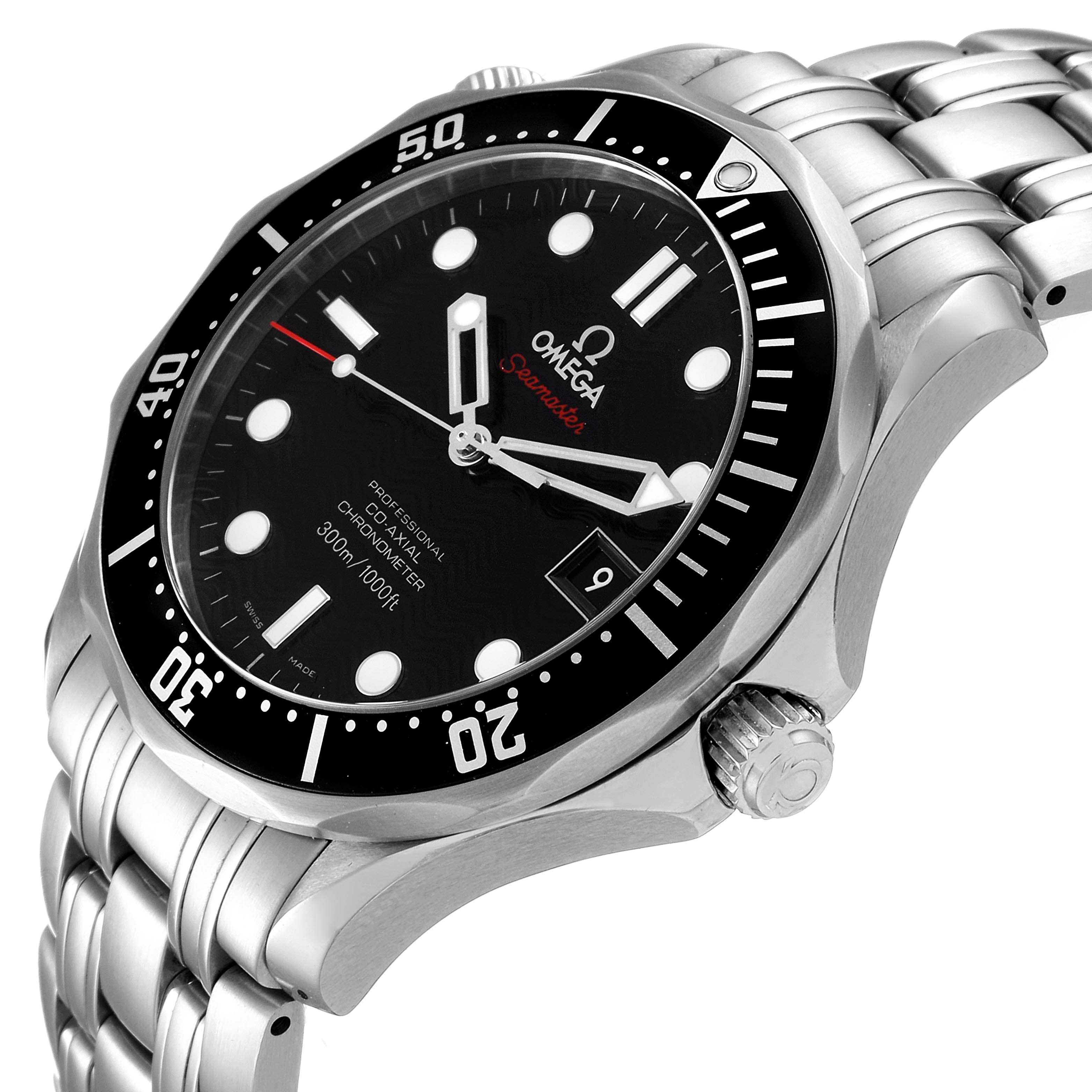 The image shows an Omega Seamaster 212.30.41.20.01.002 Men
s Stainless Steel Black Dial 212.30.41.20.01.002 Men
s Stainless Steel Black Dial watch at a slight side angle, highlighting the face, bezel, crown, and stainless steel bracelet.