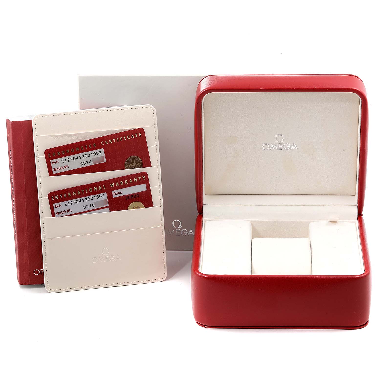 The image shows the packaging, warranty cards, and storage box for the Omega Seamaster 212.30.41.20.01.002 Men
s Stainless Steel Black Dial 212.30.41.20.01.002 Men
s Stainless Steel Black Dial watch.