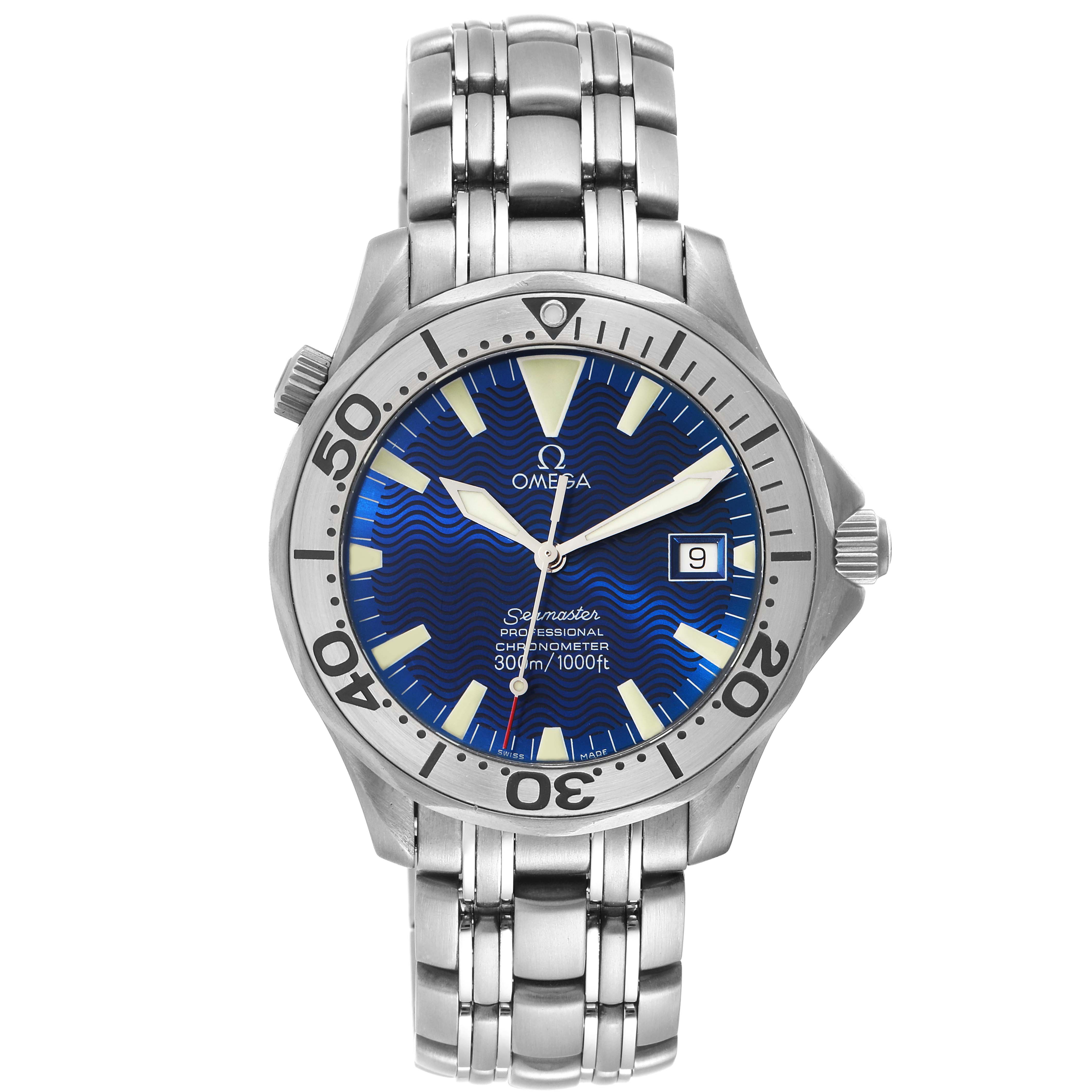 The image shows the front view of an Omega Seamaster 2231.80.00 Men's Titanium Blue Dial 2231.80.00 Men's Titanium Blue Dial watch displaying its blue dial, bezel, and stainless steel bracelet.