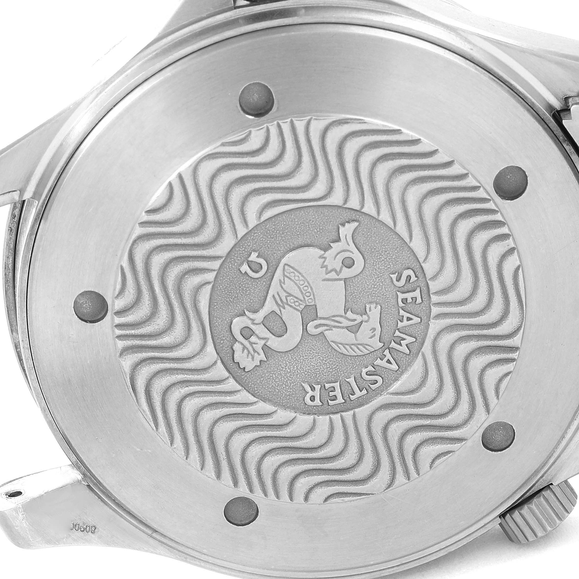 The image shows the engraved case back of an Omega Seamaster 2231.80.00 Men's Titanium Blue Dial 2231.80.00 Men's Titanium Blue Dial watch, viewed from the rear.