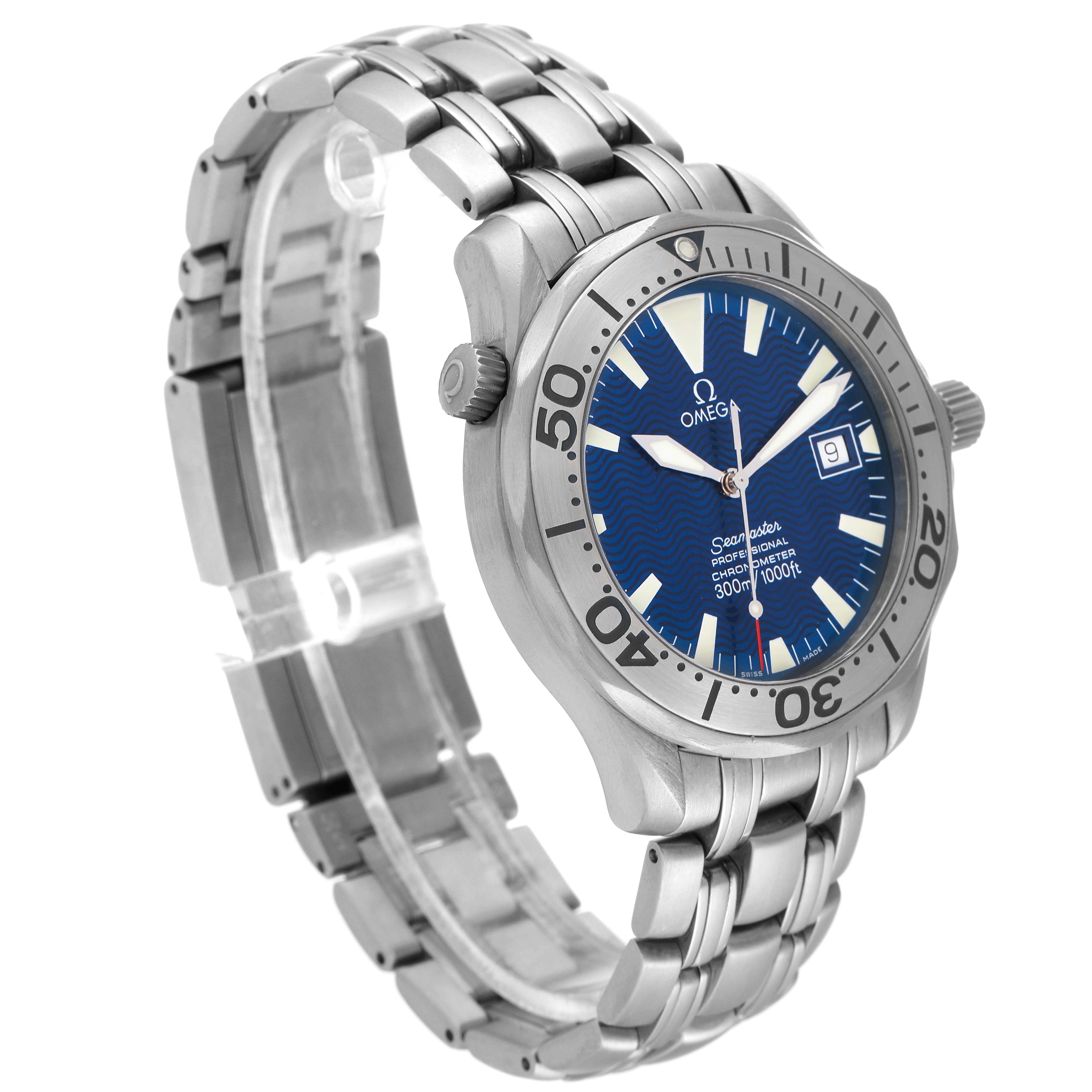 The image shows an Omega Seamaster 2231.80.00 Men's Titanium Blue Dial 2231.80.00 Men's Titanium Blue Dial watch from an angled side view, highlighting its face, bezel, crown, and stainless steel bracelet.