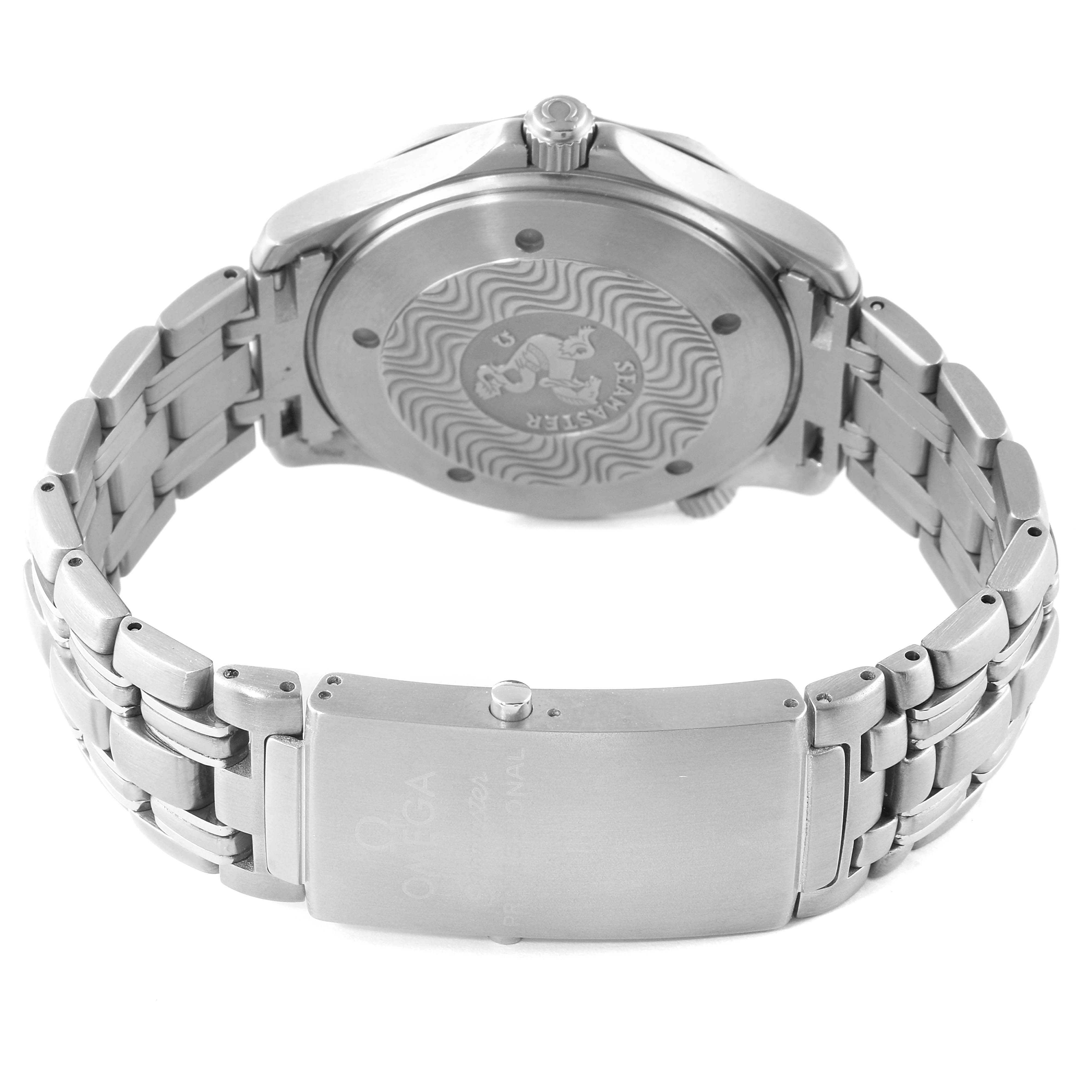 The image shows the back of an Omega Seamaster 2231.80.00 Men's Titanium Blue Dial 2231.80.00 Men's Titanium Blue Dial watch, highlighting the case back, crown, and metal bracelet.