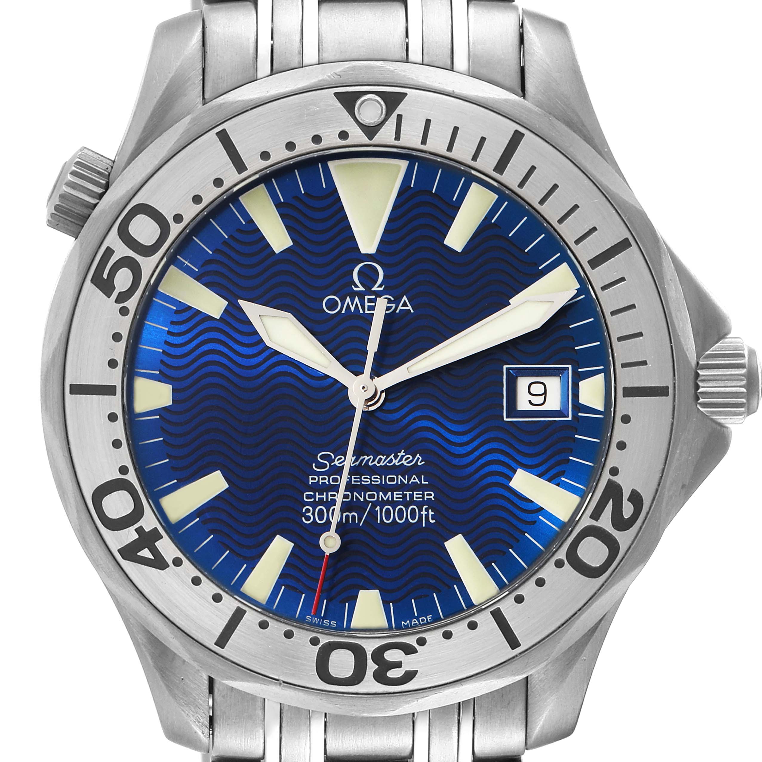 The image shows a front view of the Omega Seamaster 2231.80.00 Men's Titanium Blue Dial 2231.80.00 Men's Titanium Blue Dial watch, highlighting the dial, hands, bezel, and part of the bracelet.