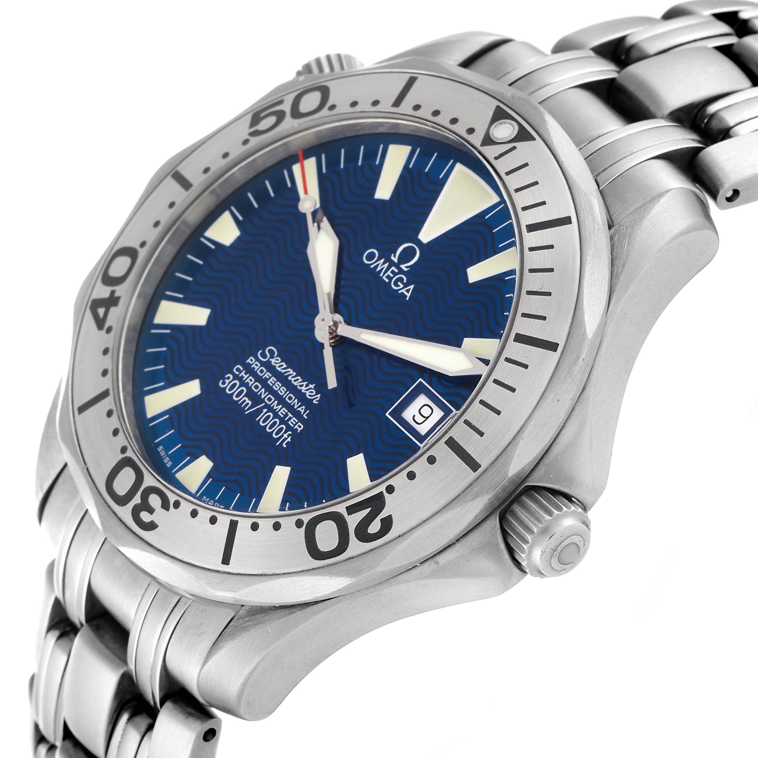The image shows a close-up angle of an Omega Seamaster 2231.80.00 Men's Titanium Blue Dial 2231.80.00 Men's Titanium Blue Dial watch, highlighting the bezel, dial, crown, and part of the bracelet.