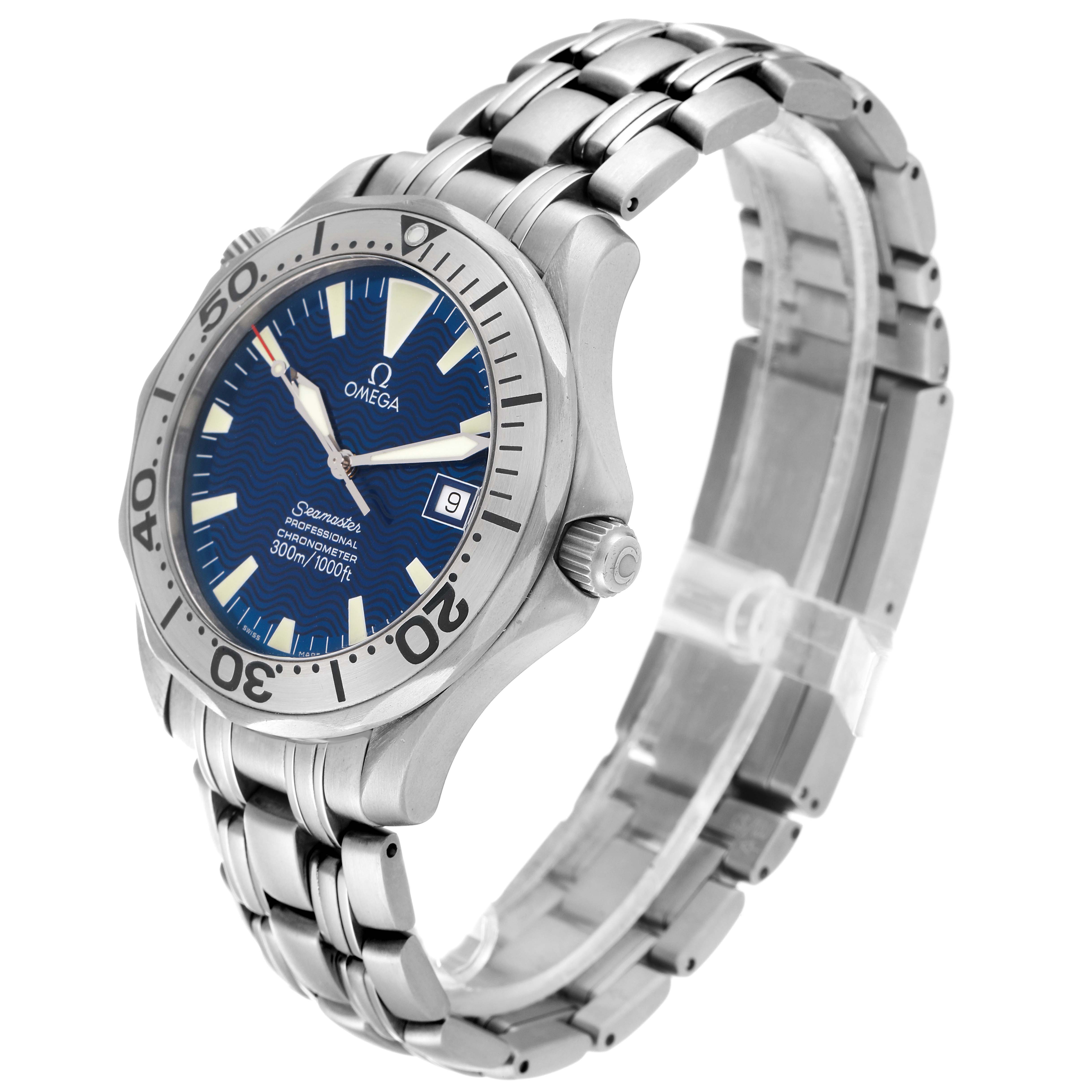 The Omega Seamaster 2231.80.00 Men's Titanium Blue Dial 2231.80.00 Men's Titanium Blue Dial watch is shown at a three-quarter angle, highlighting its blue dial, bezel, case, and stainless-steel bracelet.