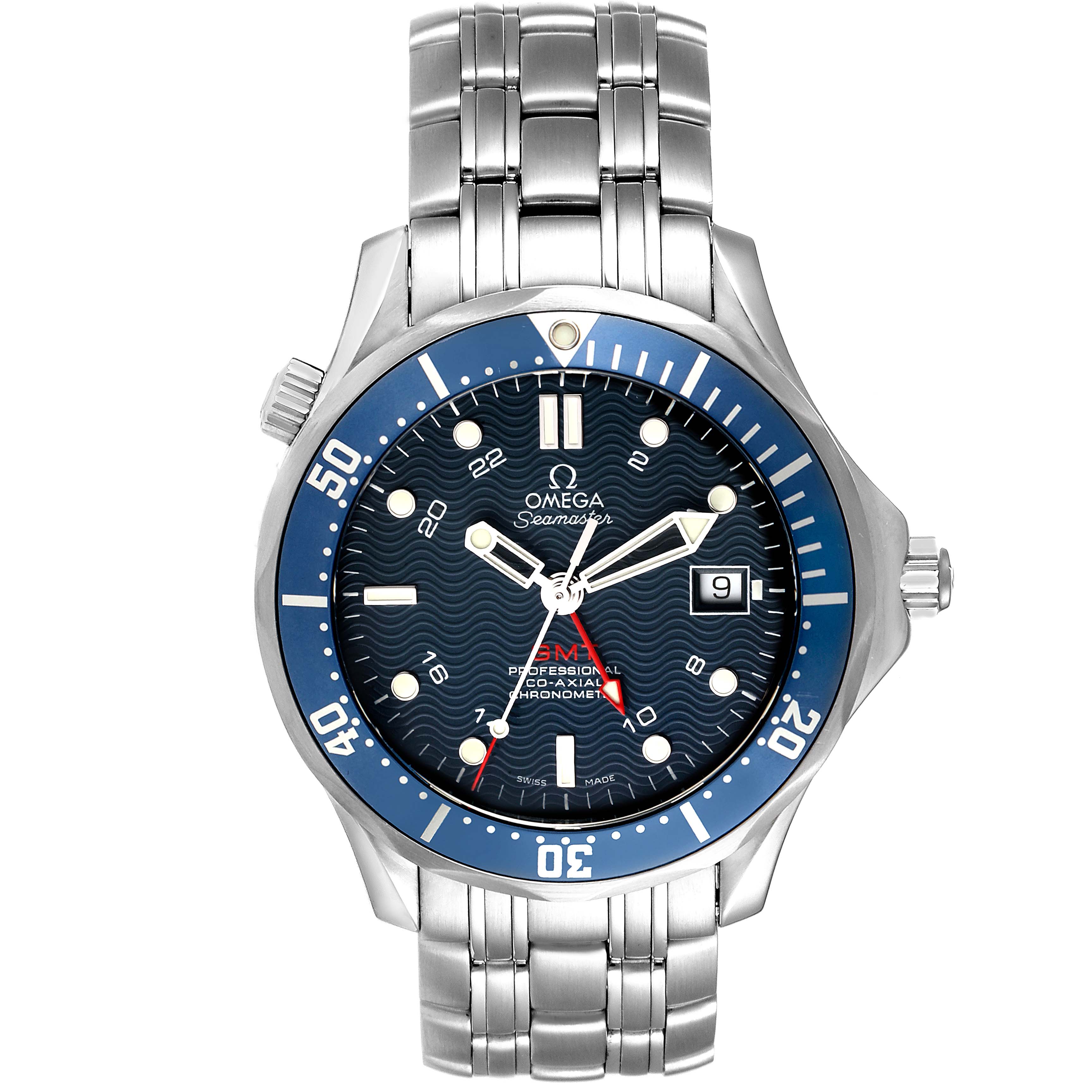 This Omega Seamaster 2535.80.00 Men
s Stainless Steel Blue Dial 2535.80.00 Men
s Stainless Steel Blue Dial watch is shown from the front, displaying its dial, bezel, and stainless steel bracelet.