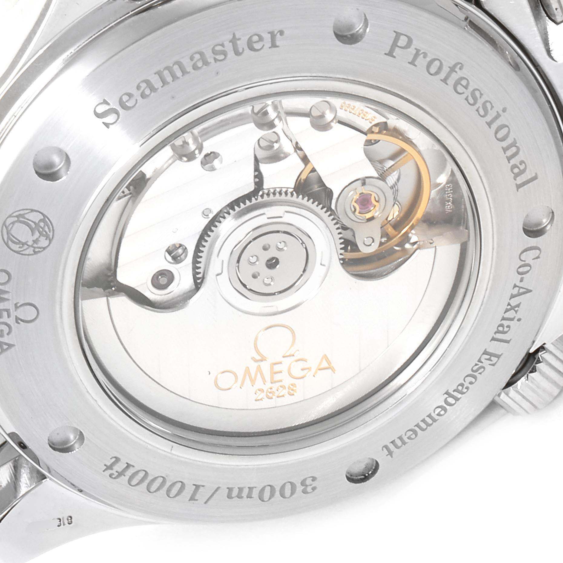 This image shows the back of an Omega Seamaster 2535.80.00 Men
s Stainless Steel Blue Dial 2535.80.00 Men
s Stainless Steel Blue Dial watch, highlighting the Co-Axial escapement and internal mechanism.