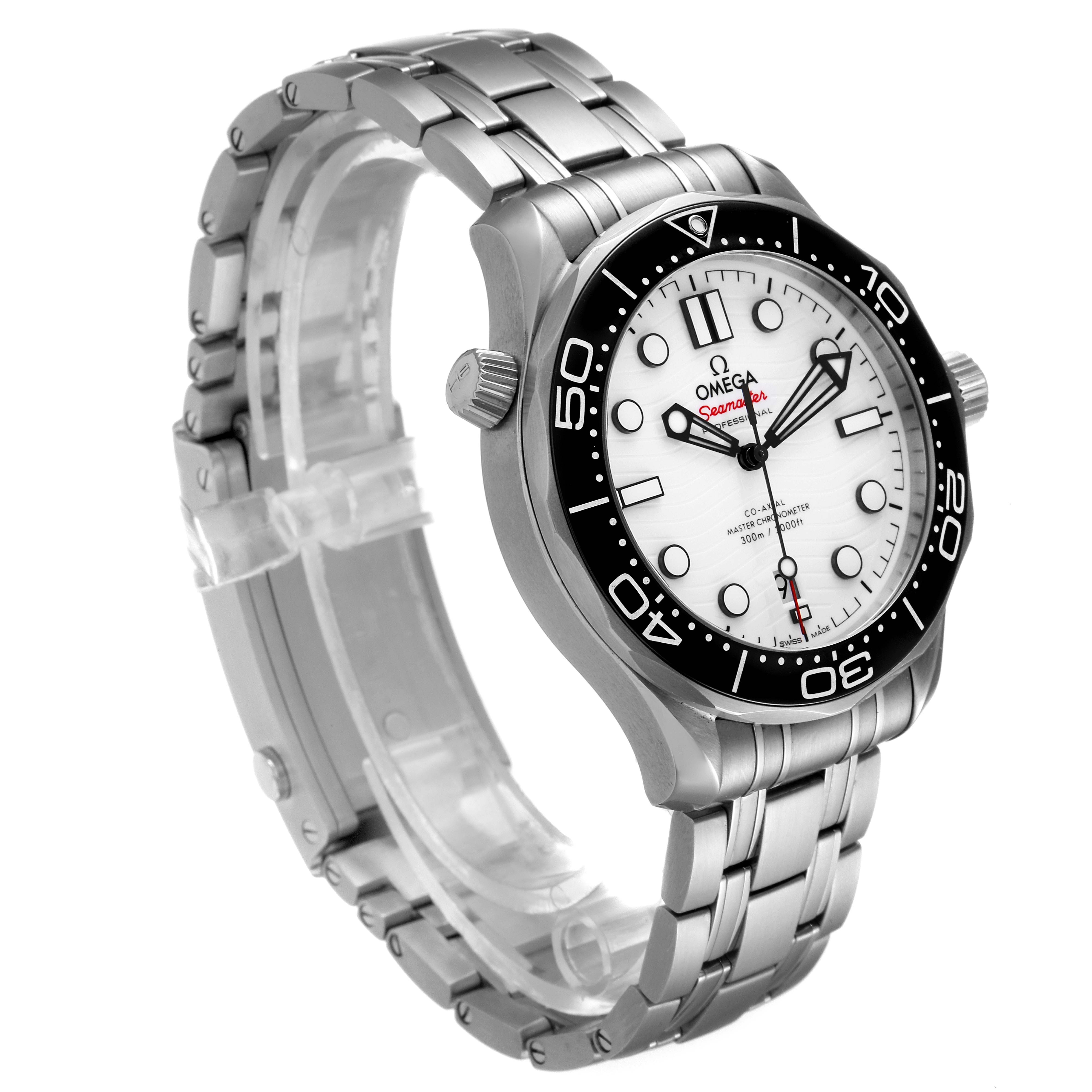 The Omega Seamaster 210.30.42.20.04.001 Men
s Stainless Steel White Dial 210.30.42.20.04.001 Men
s Stainless Steel White Dial watch is shown at an angle highlighting the face, bezel, crown, and bracelet.