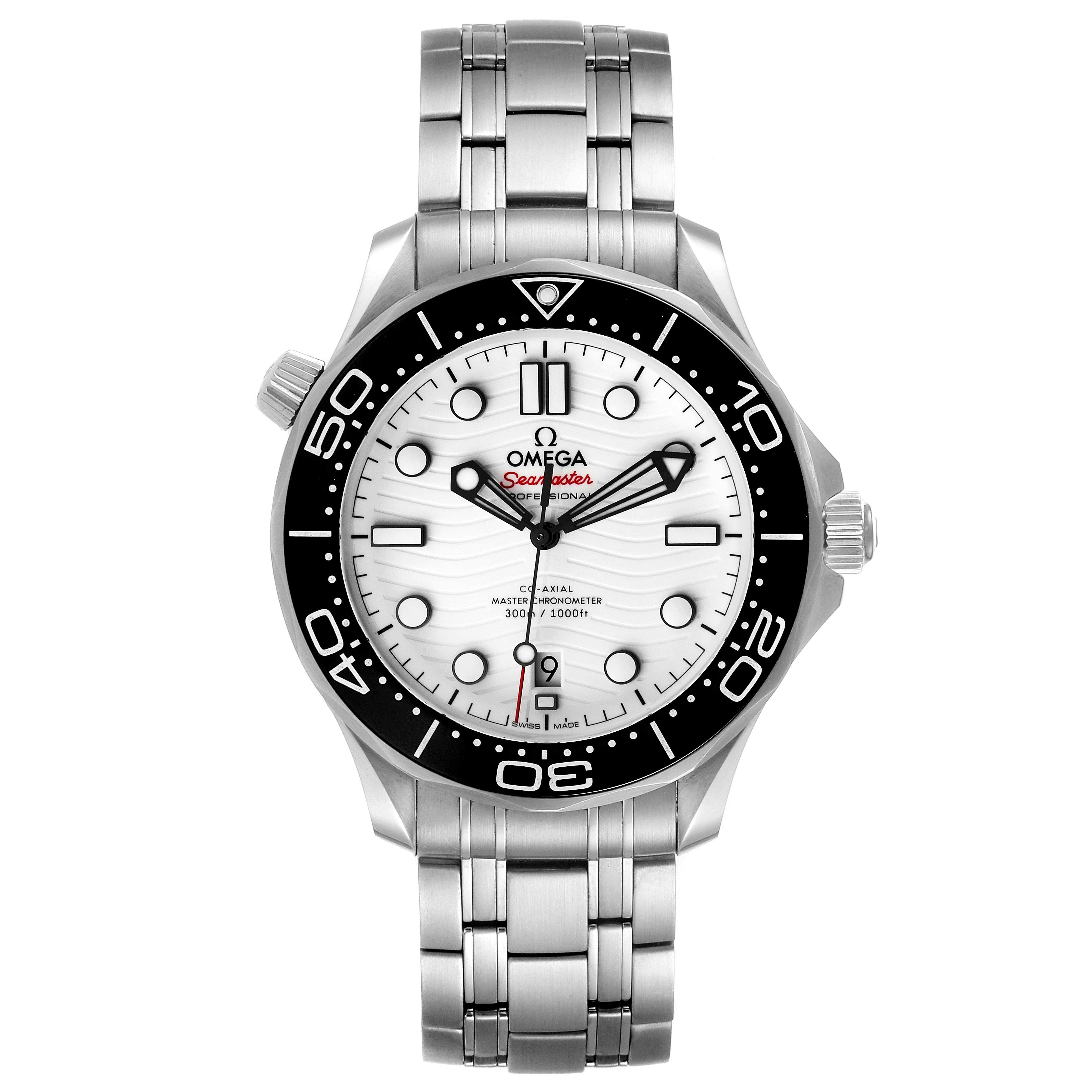 The Omega Seamaster 210.30.42.20.04.001 Men
s Stainless Steel White Dial 210.30.42.20.04.001 Men
s Stainless Steel White Dial watch is shown from the front, displaying its face, bezel, dial, hands, and bracelet.