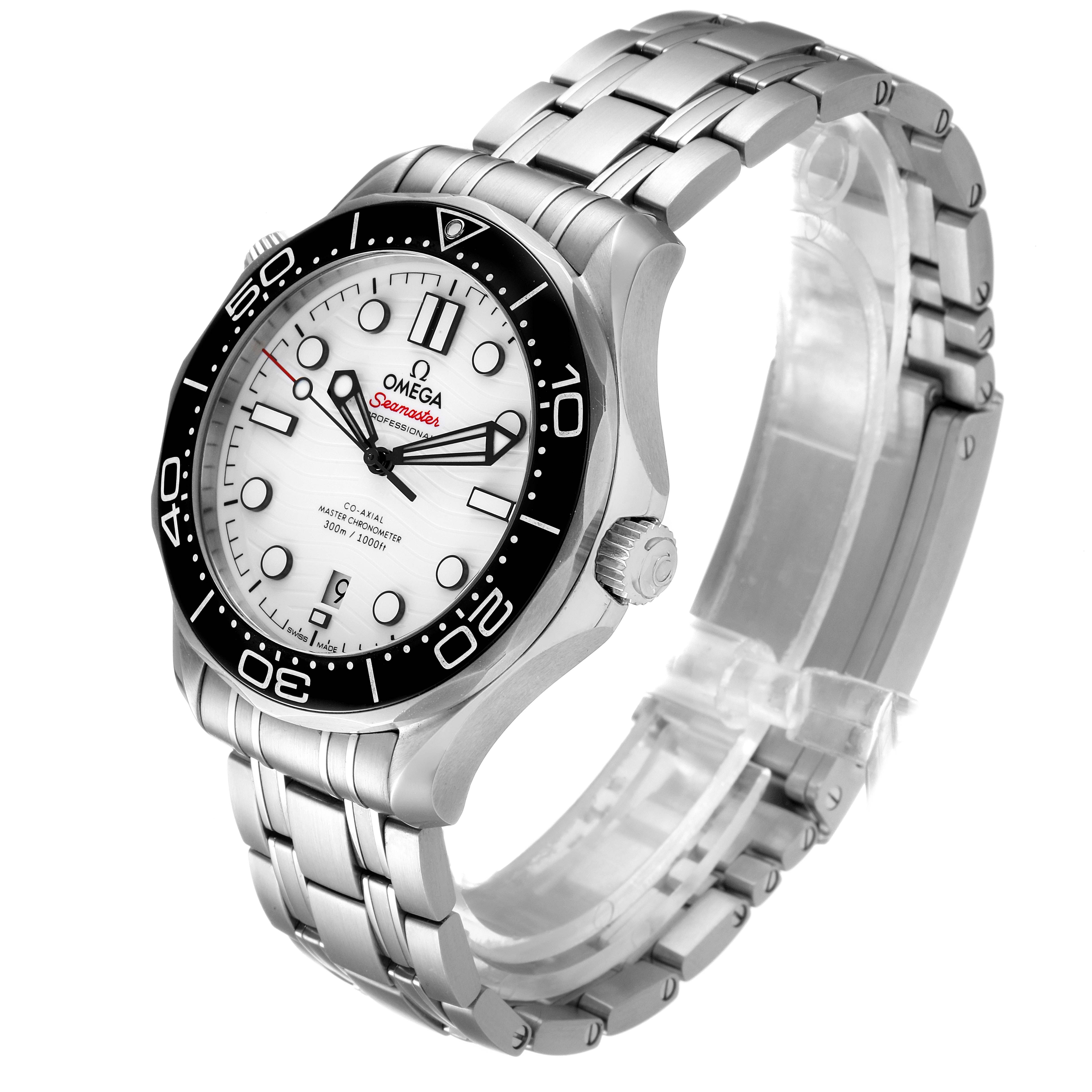 The image shows a slight side-angle view of the Omega Seamaster 210.30.42.20.04.001 Men
s Stainless Steel White Dial 210.30.42.20.04.001 Men
s Stainless Steel White Dial watch, highlighting the face, bezel, crown, and bracelet band.