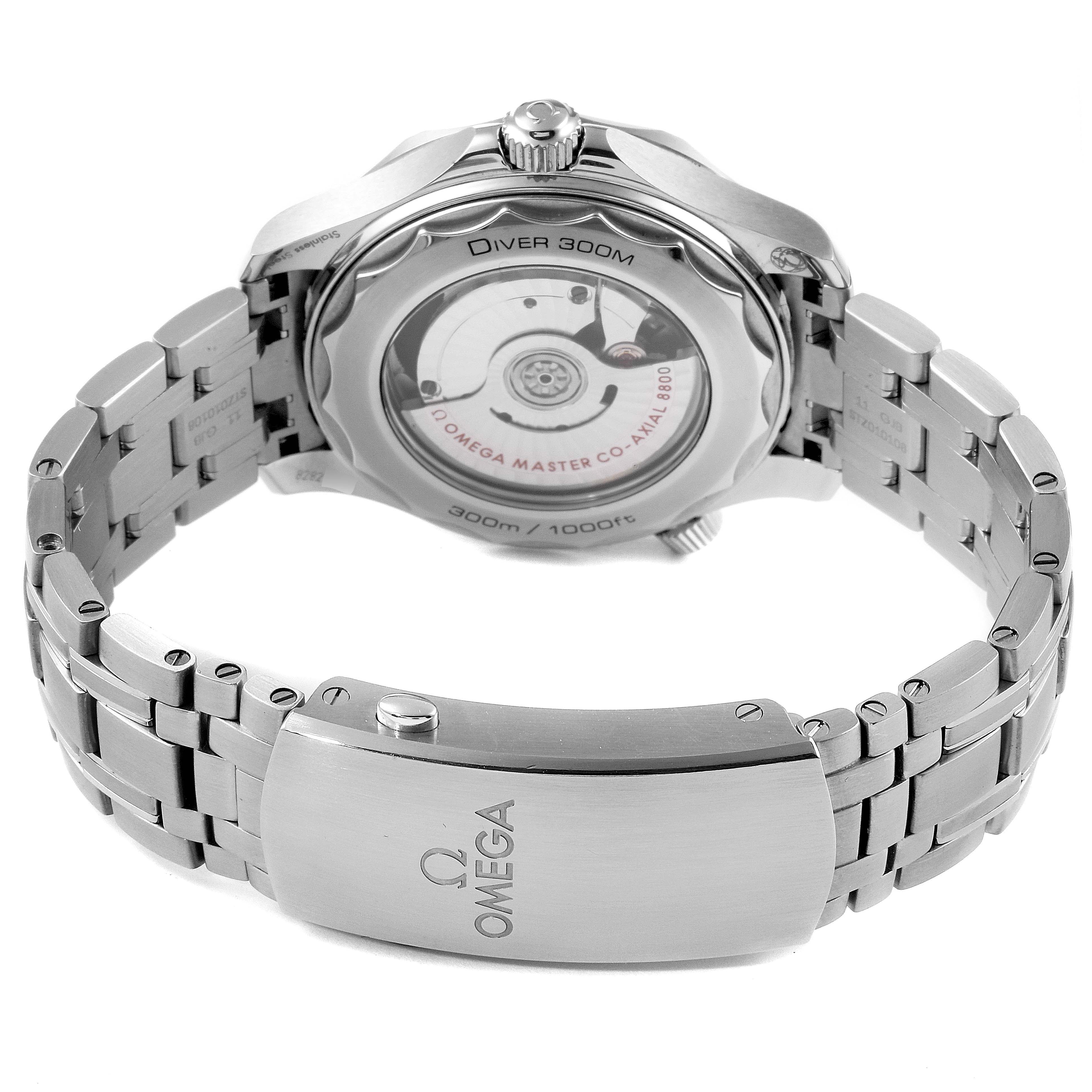 This image shows the back view of the Omega Seamaster 210.30.42.20.04.001 Men
s Stainless Steel White Dial 210.30.42.20.04.001 Men
s Stainless Steel White Dial watch, highlighting the open case back and stainless steel bracelet.