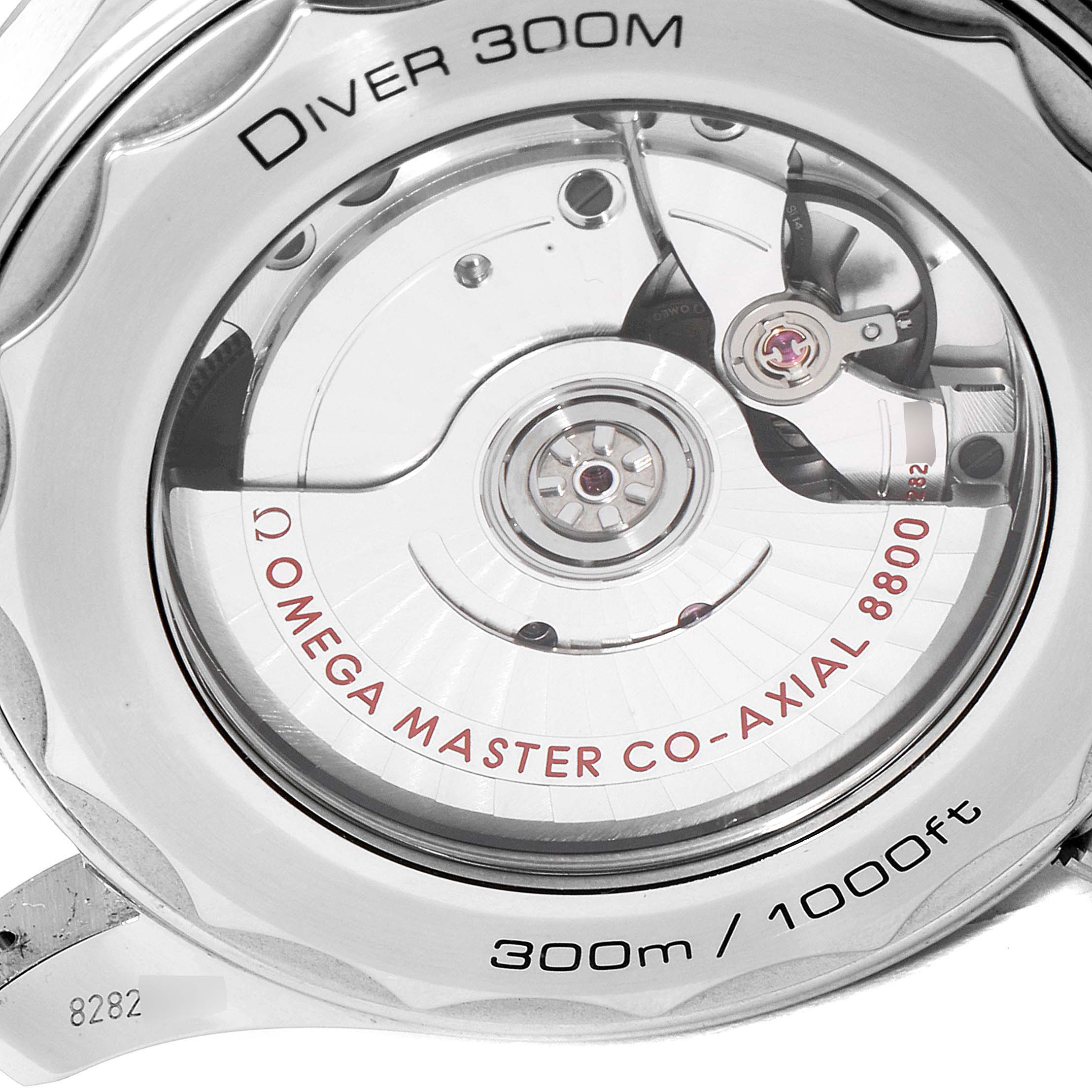 The image shows the back view of an Omega Seamaster 210.30.42.20.04.001 Men
s Stainless Steel White Dial 210.30.42.20.04.001 Men
s Stainless Steel White Dial watch, revealing the internal mechanics and inscriptions.