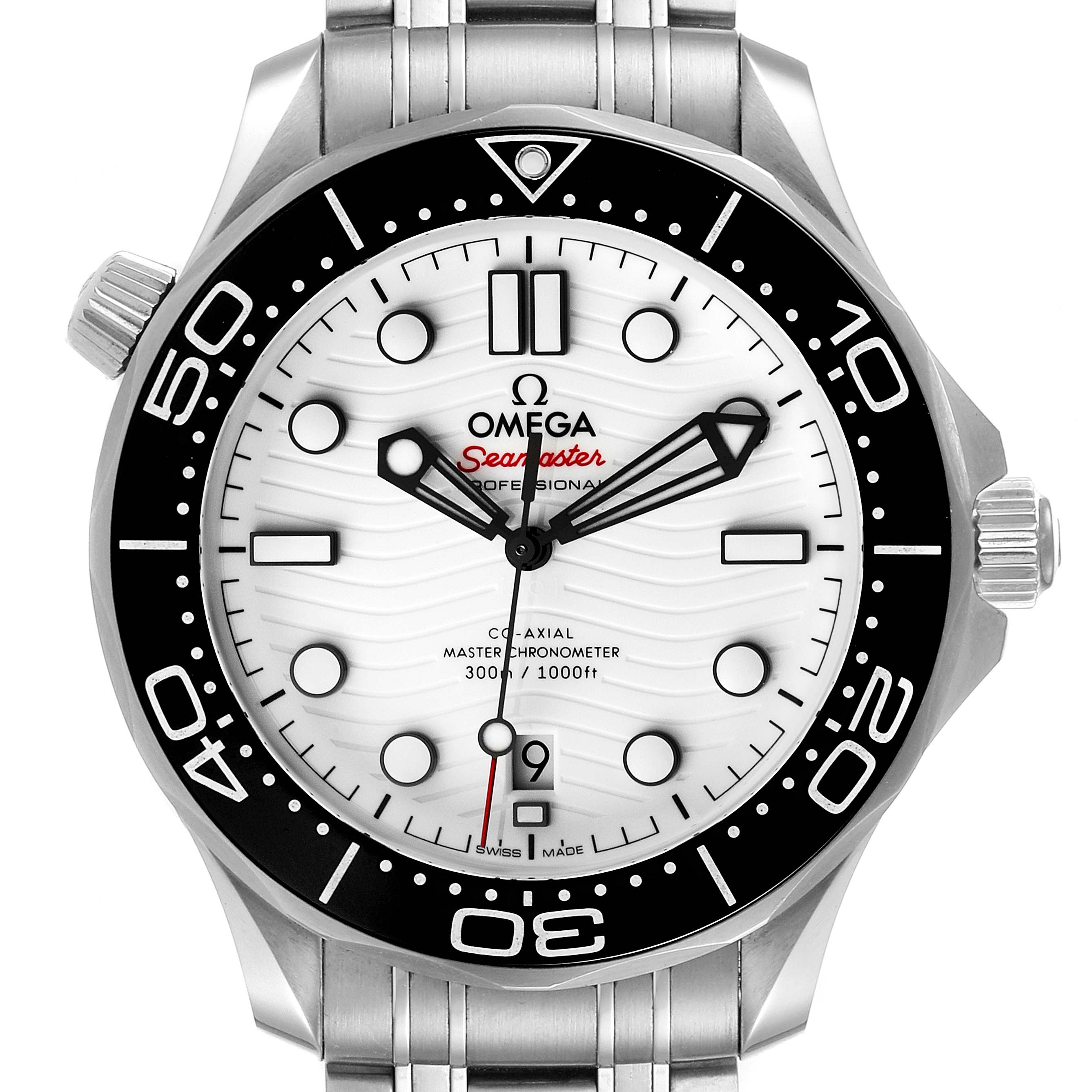 The image shows a frontal view of an Omega Seamaster 210.30.42.20.04.001 Men
s Stainless Steel White Dial 210.30.42.20.04.001 Men
s Stainless Steel White Dial watch, highlighting its dial, bezel, and bracelet.