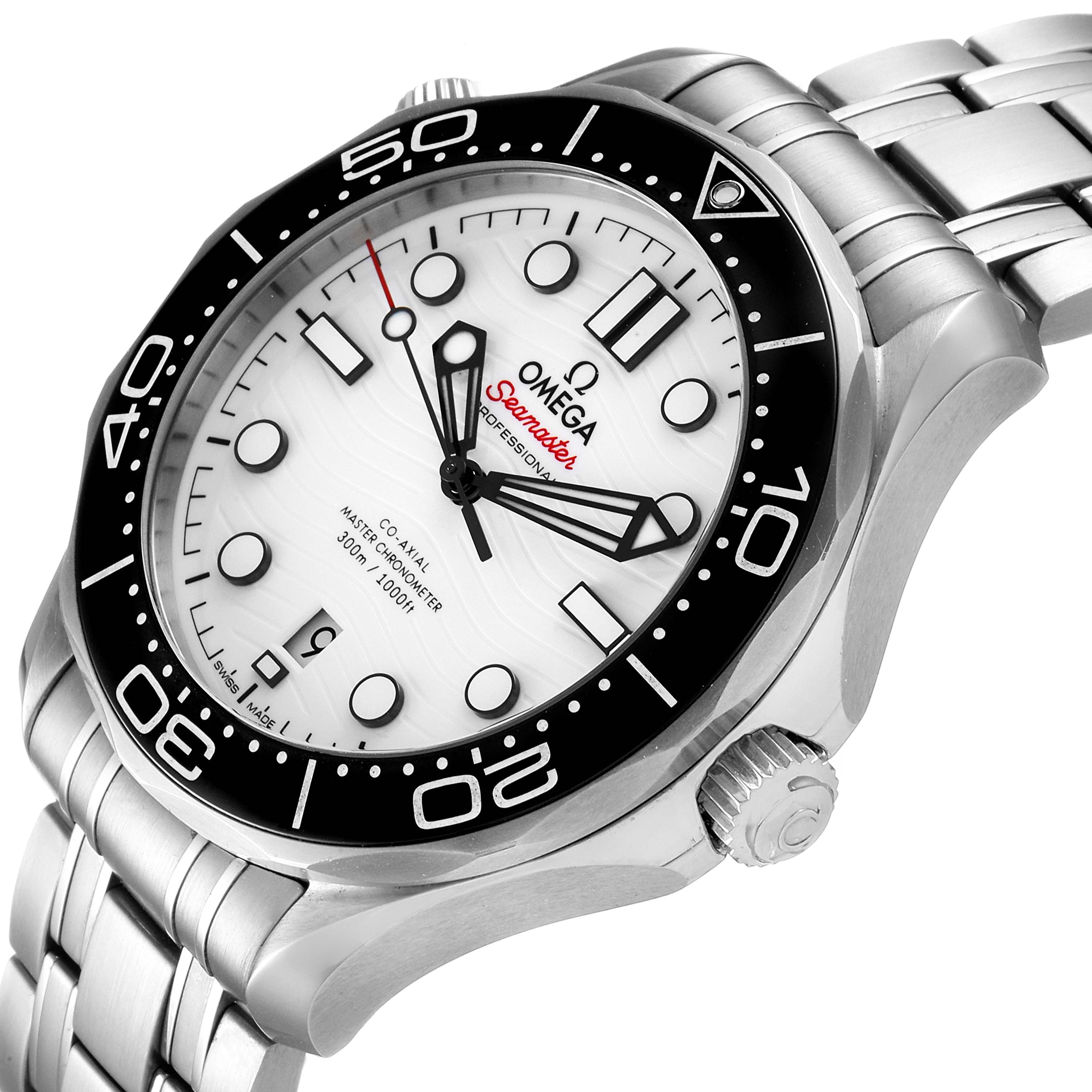 The Omega Seamaster 210.30.42.20.04.001 Men
s Stainless Steel White Dial 210.30.42.20.04.001 Men
s Stainless Steel White Dial watch is shown at a close-up angle, highlighting its dial, bezel, and part of the bracelet and crown.