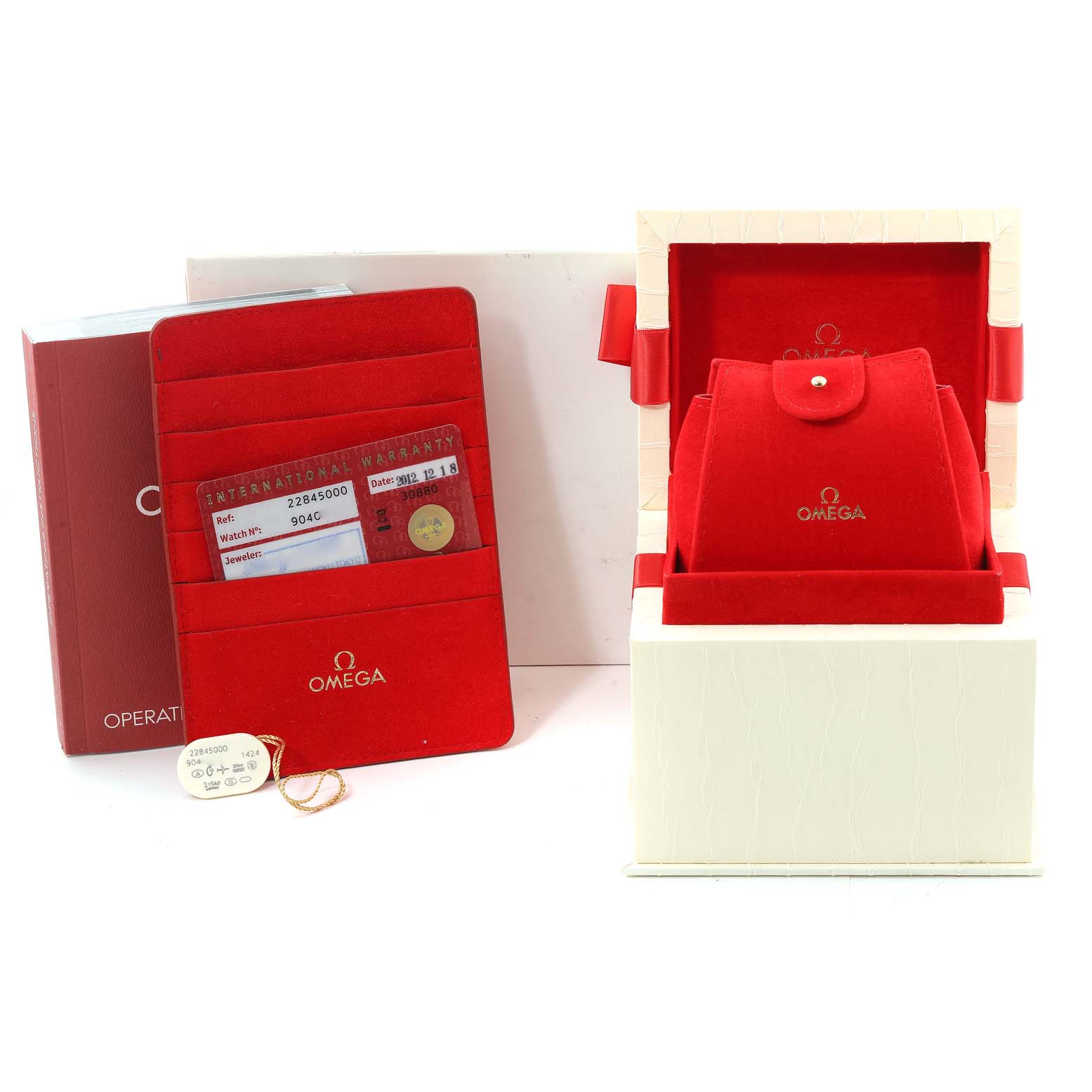 The image shows the Omega 2284.50.00 Women's Stainless Steel Black Dial 2284.50.00 Women's Stainless Steel Black Dial Seamaster Diver 300M 28mm Steel Ladies Watch 2284.50.00 box, card, and red case at various angles.