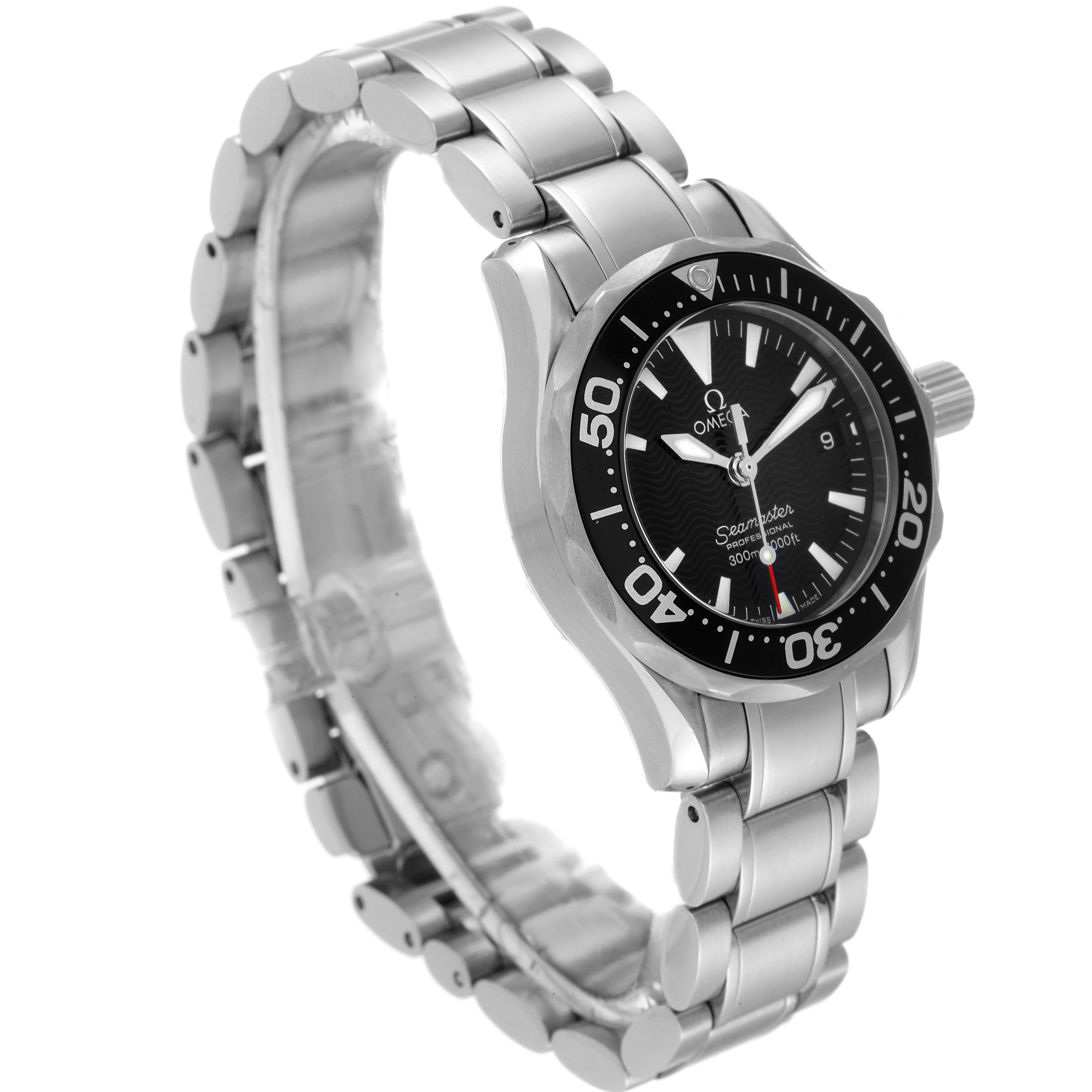 The image shows a side and slightly angled front view of the Omega 2284.50.00 Women's Stainless Steel Black Dial 2284.50.00 Women's Stainless Steel Black Dial Seamaster Diver 300M 28mm Steel Ladies Watch 2284.50.00.