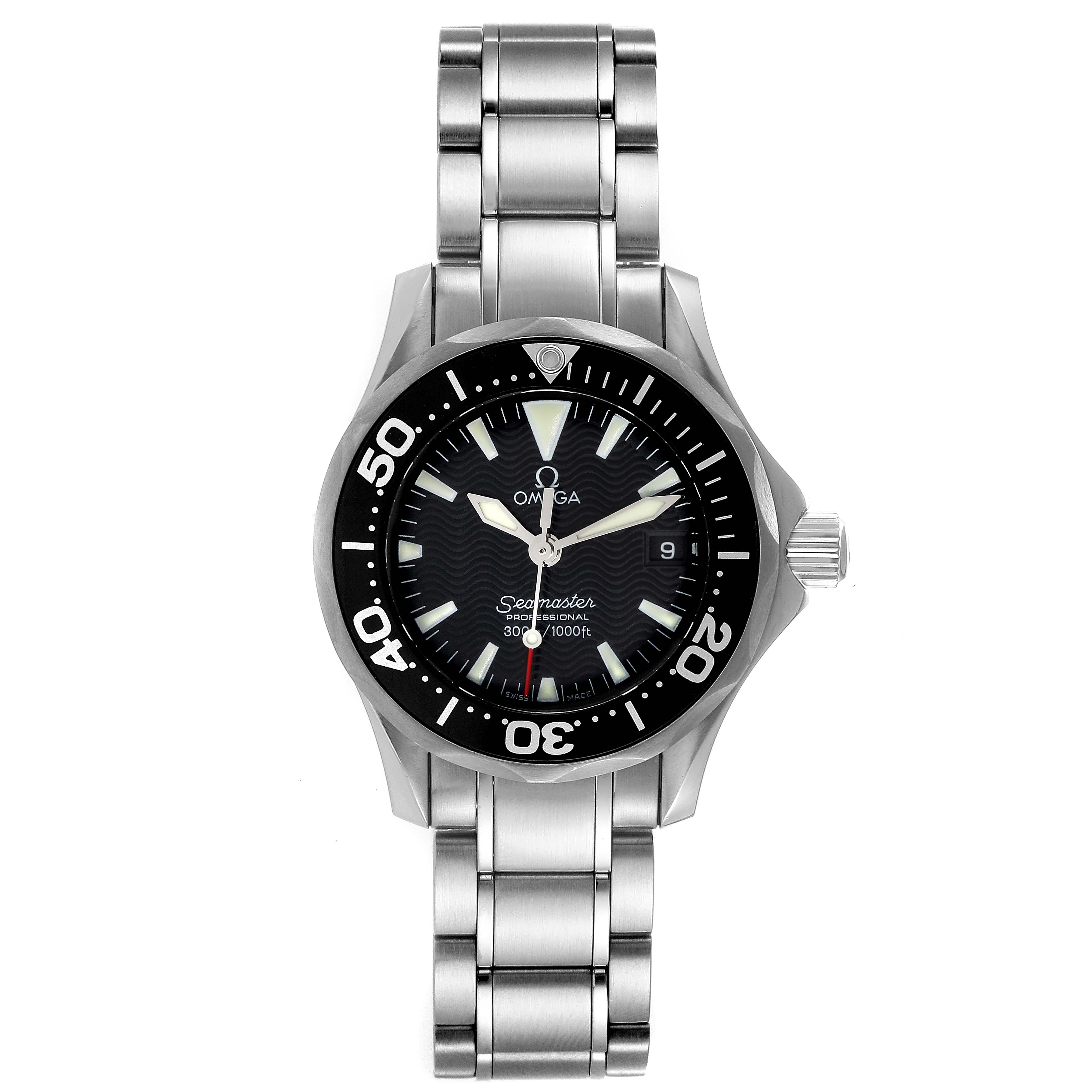 This image shows a frontal view of the Omega 2284.50.00 Women's Stainless Steel Black Dial 2284.50.00 Women's Stainless Steel Black Dial Seamaster Diver 300M 28mm Steel Ladies Watch 2284.50.00, highlighting its face and bracelet.