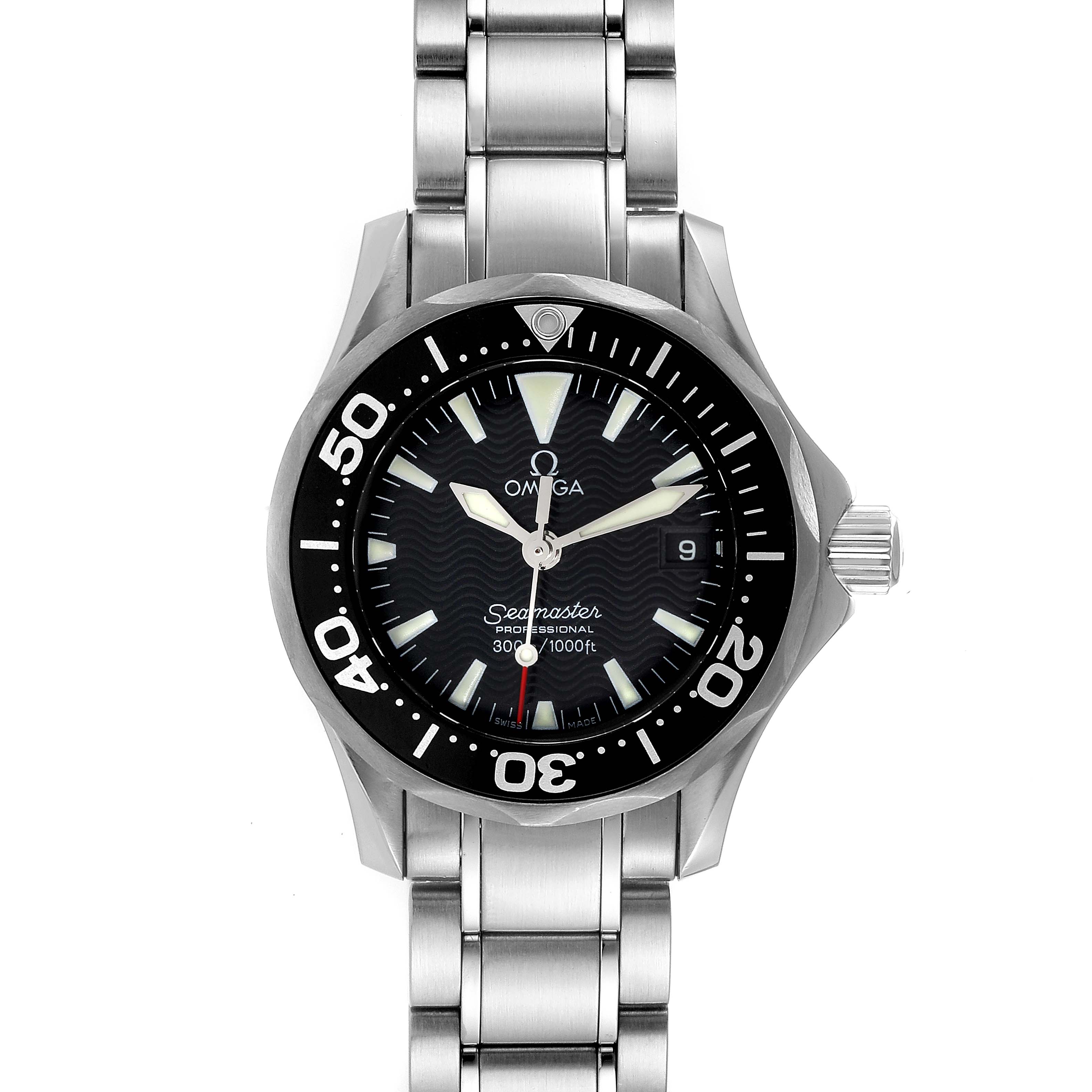 This image shows a frontal view of the Omega 2284.50.00 Women's Stainless Steel Black Dial 2284.50.00 Women's Stainless Steel Black Dial Seamaster Diver 300M 28mm Steel Ladies Watch model 2284.50.00.