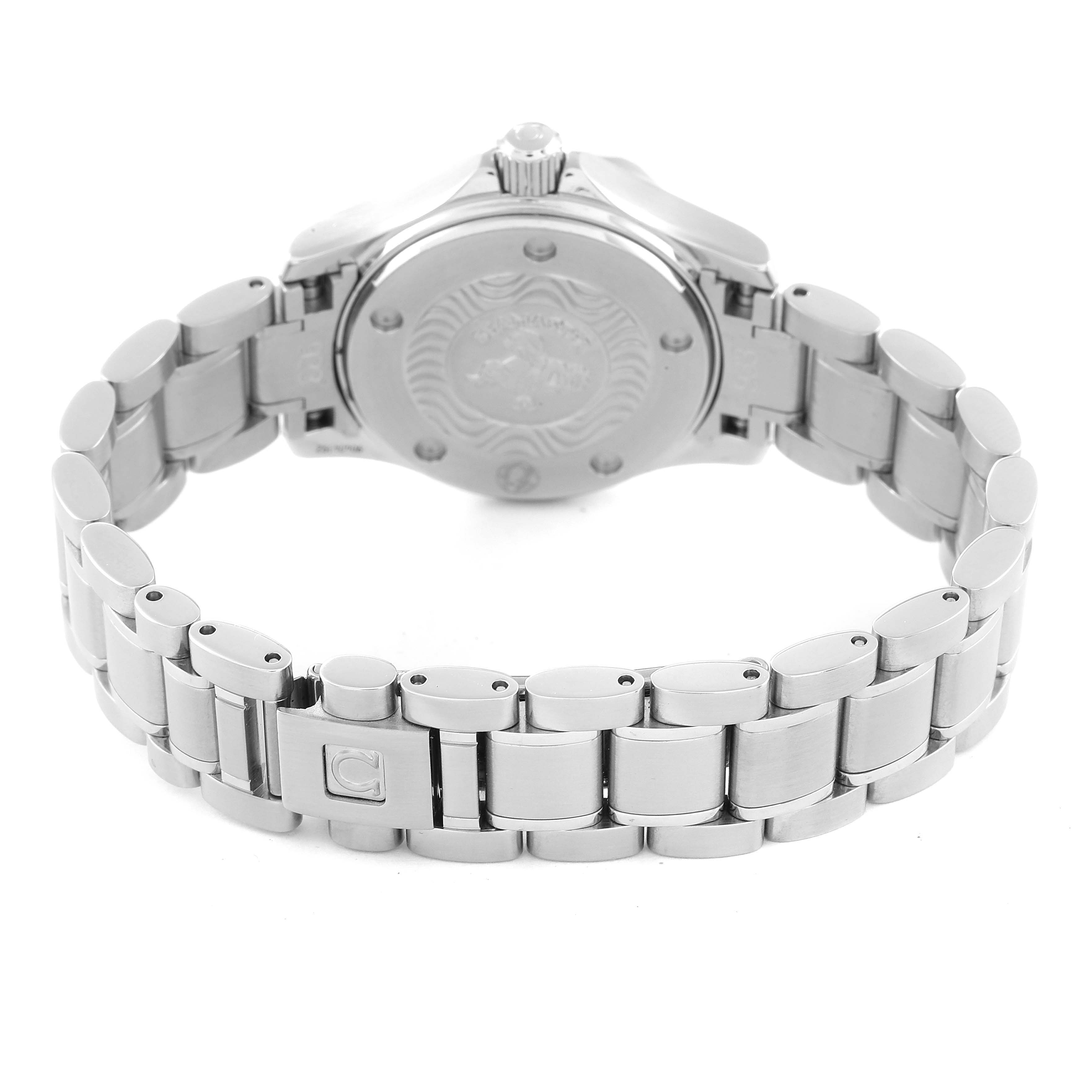 The Omega 2284.50.00 Women's Stainless Steel Black Dial 2284.50.00 Women's Stainless Steel Black Dial Seamaster Diver 300M 28mm Steel Ladies Watch model 2284.50.00 is shown from the back, highlighting the stainless steel bracelet and case back.