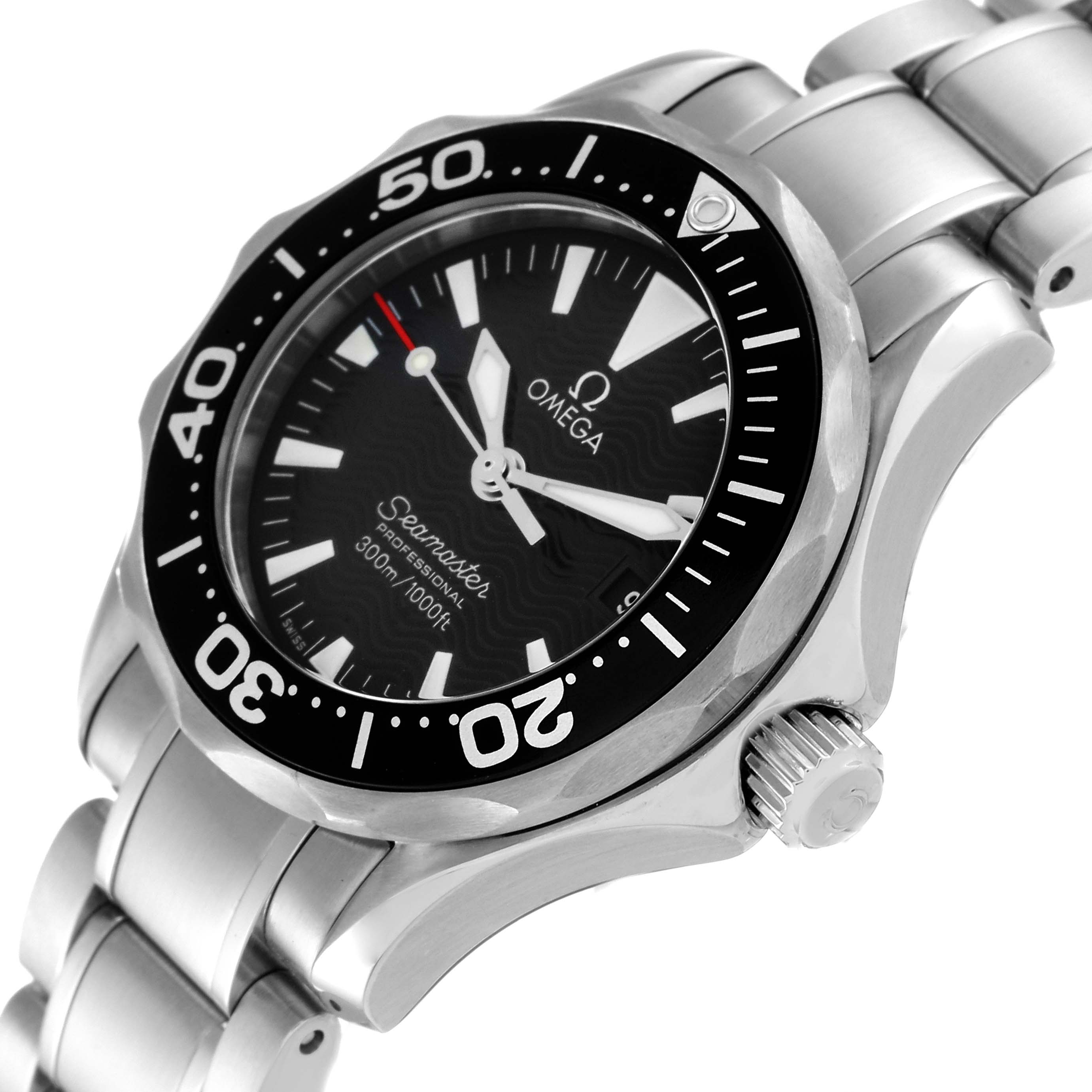 The image shows a side angle of the Omega 2284.50.00 Women's Stainless Steel Black Dial 2284.50.00 Women's Stainless Steel Black Dial Seamaster Diver 300M 28mm Steel Ladies Watch 2284.50.00, highlighting the bezel, crown, and bracelet.