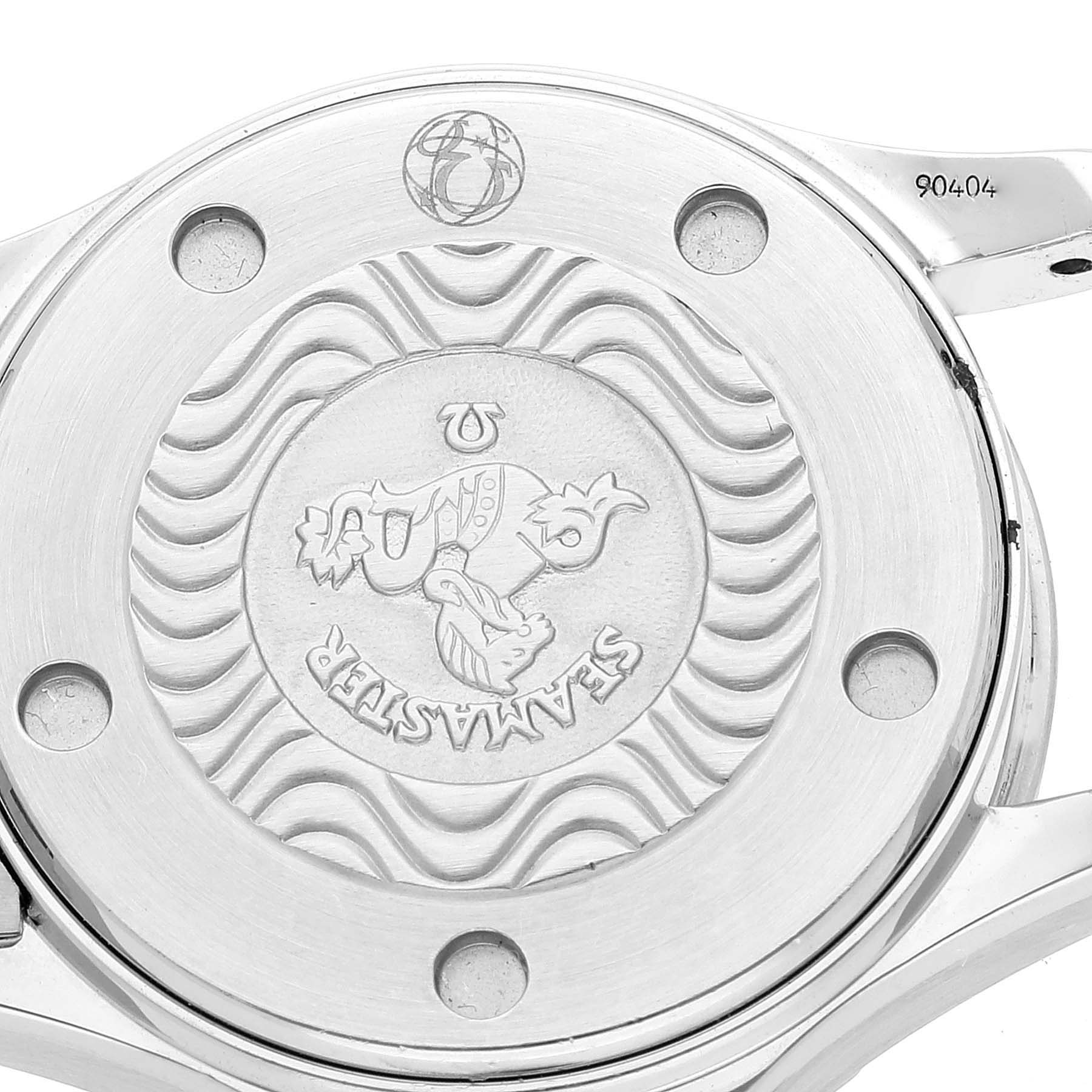 The image shows the back case of the Omega 2284.50.00 Women's Stainless Steel Black Dial 2284.50.00 Women's Stainless Steel Black Dial Seamaster Diver 300M 28mm Steel Ladies Watch 2284.50.00 with its engravings and logo.