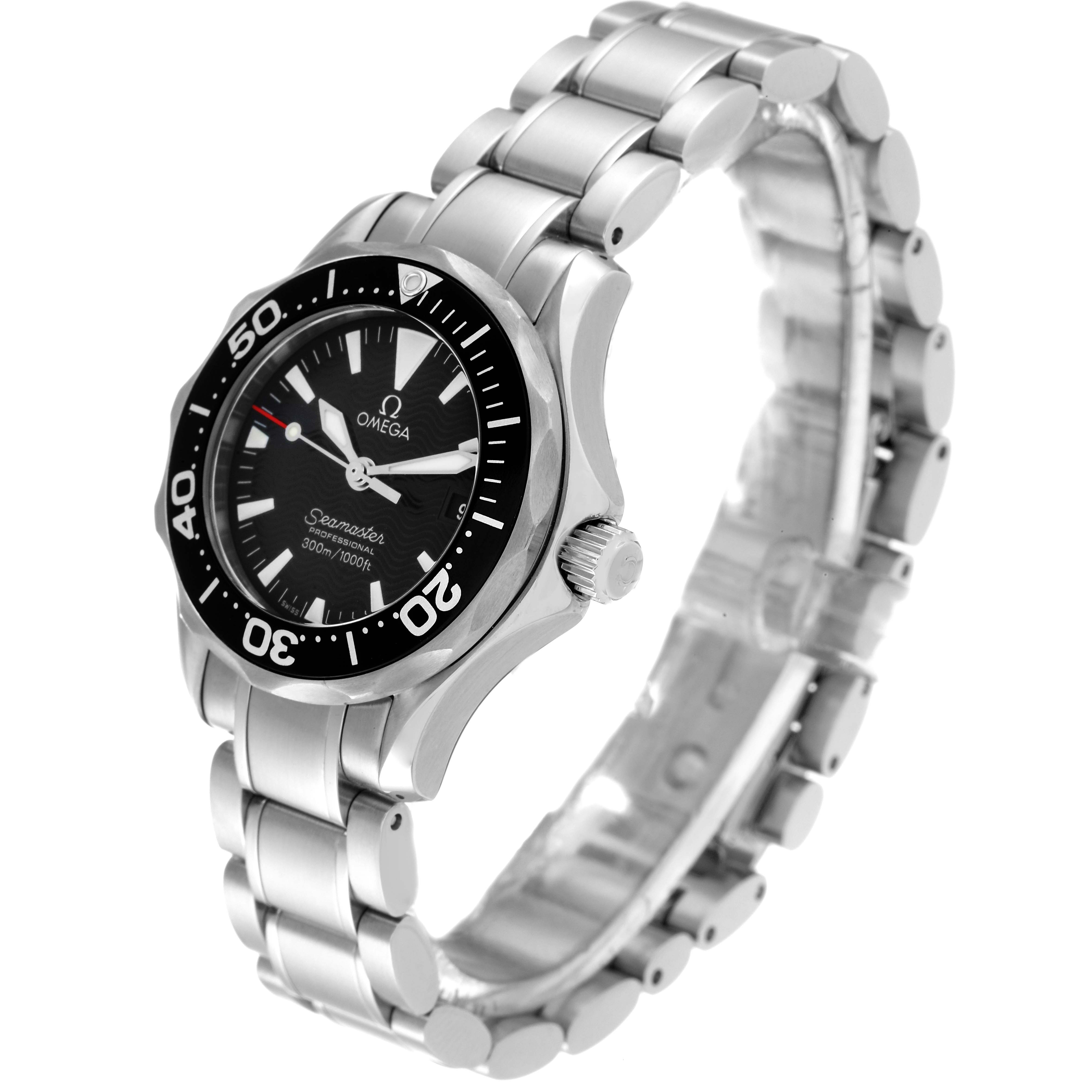 The Omega 2284.50.00 Women's Stainless Steel Black Dial 2284.50.00 Women's Stainless Steel Black Dial Seamaster Diver 300M 28mm Steel Ladies Watch 2284.50.00 is shown at an angle highlighting its face, bezel, and bracelet.