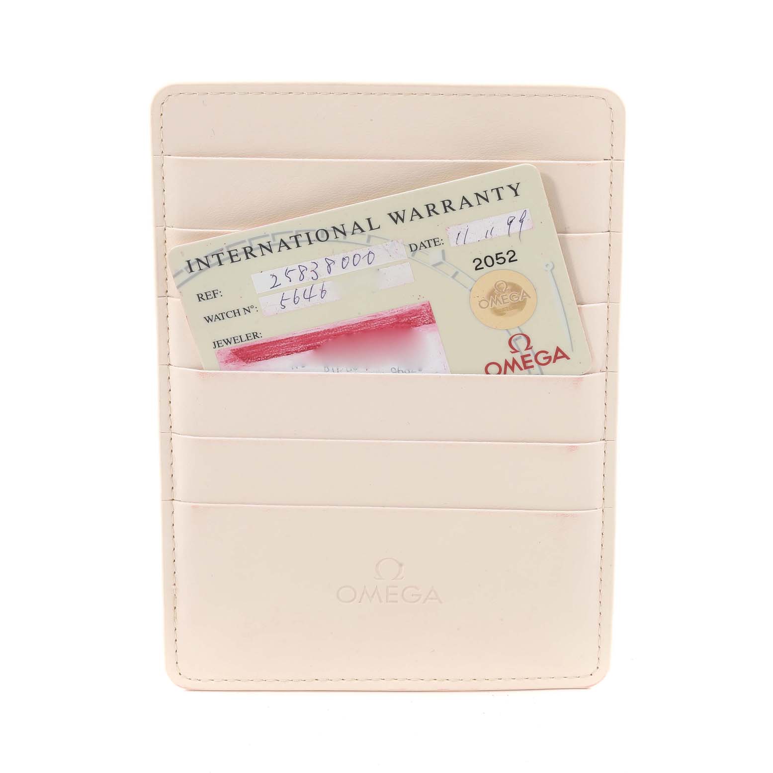 The image shows the warranty card and case for the Omega 2583.80.00 Women's Stainless Steel Blue Dial 2583.80.00 Women's Stainless Steel Blue Dial Seamaster Diver 300M 28mm Steel Ladies Watch 2583.80.00.