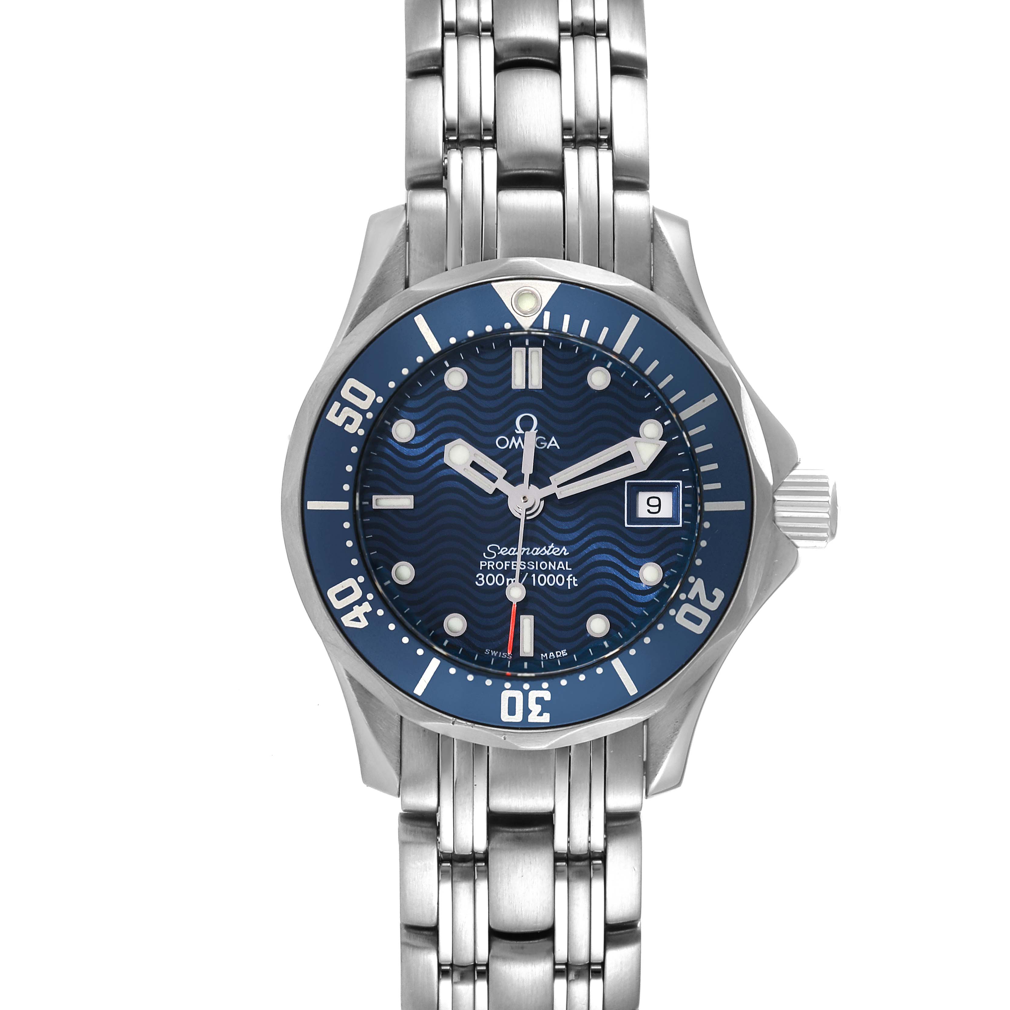 The image shows a front view of the Omega 2583.80.00 Women's Stainless Steel Blue Dial 2583.80.00 Women's Stainless Steel Blue Dial Seamaster Diver 300M 28mm Steel Ladies Watch 2583.80.00, displaying the dial, bezel, and part of the bracelet.