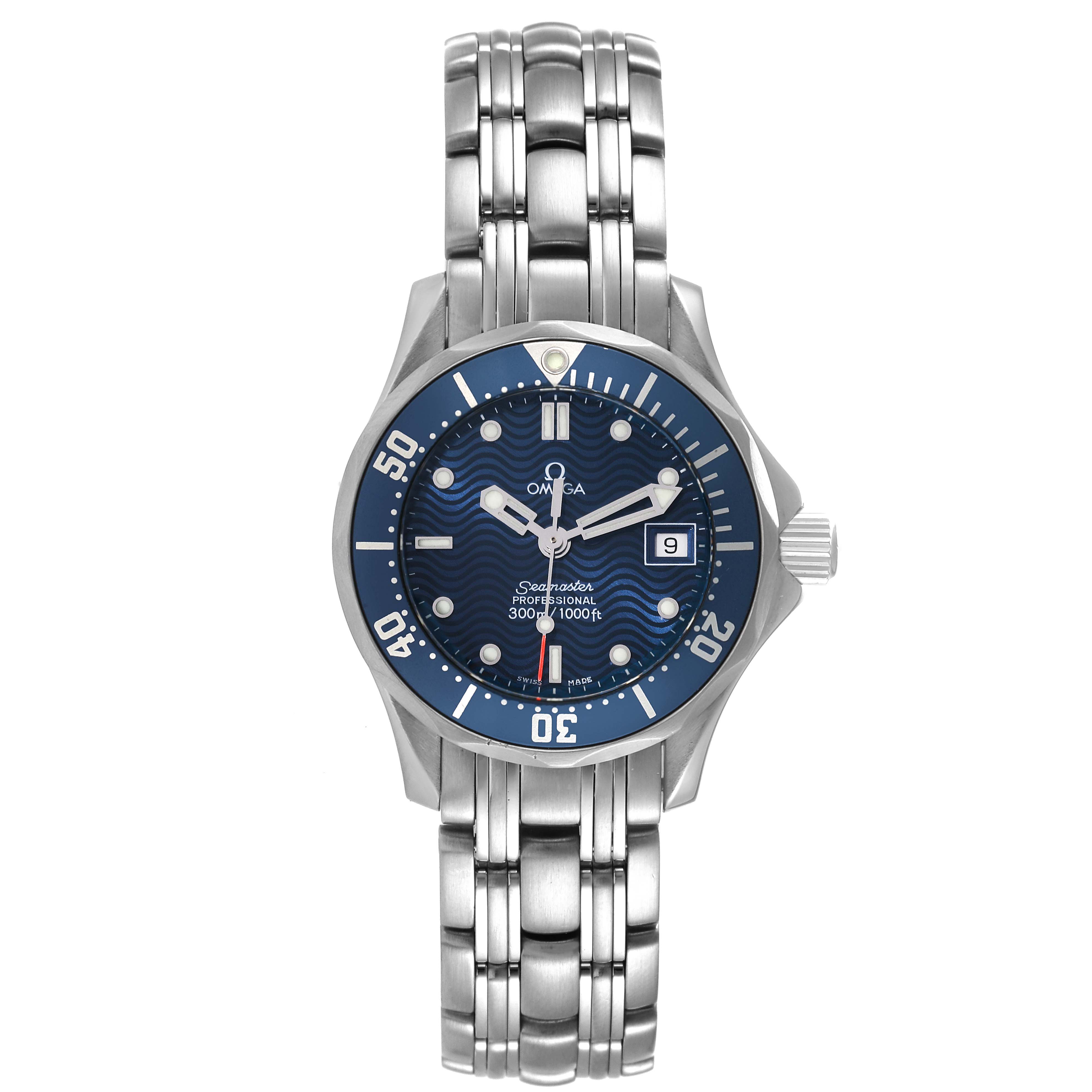 The image shows a front view of the Omega 2583.80.00 Women's Stainless Steel Blue Dial 2583.80.00 Women's Stainless Steel Blue Dial Seamaster Diver 300M 28mm Steel Ladies Watch 2583.80.00, displaying its blue dial and stainless steel bracelet.