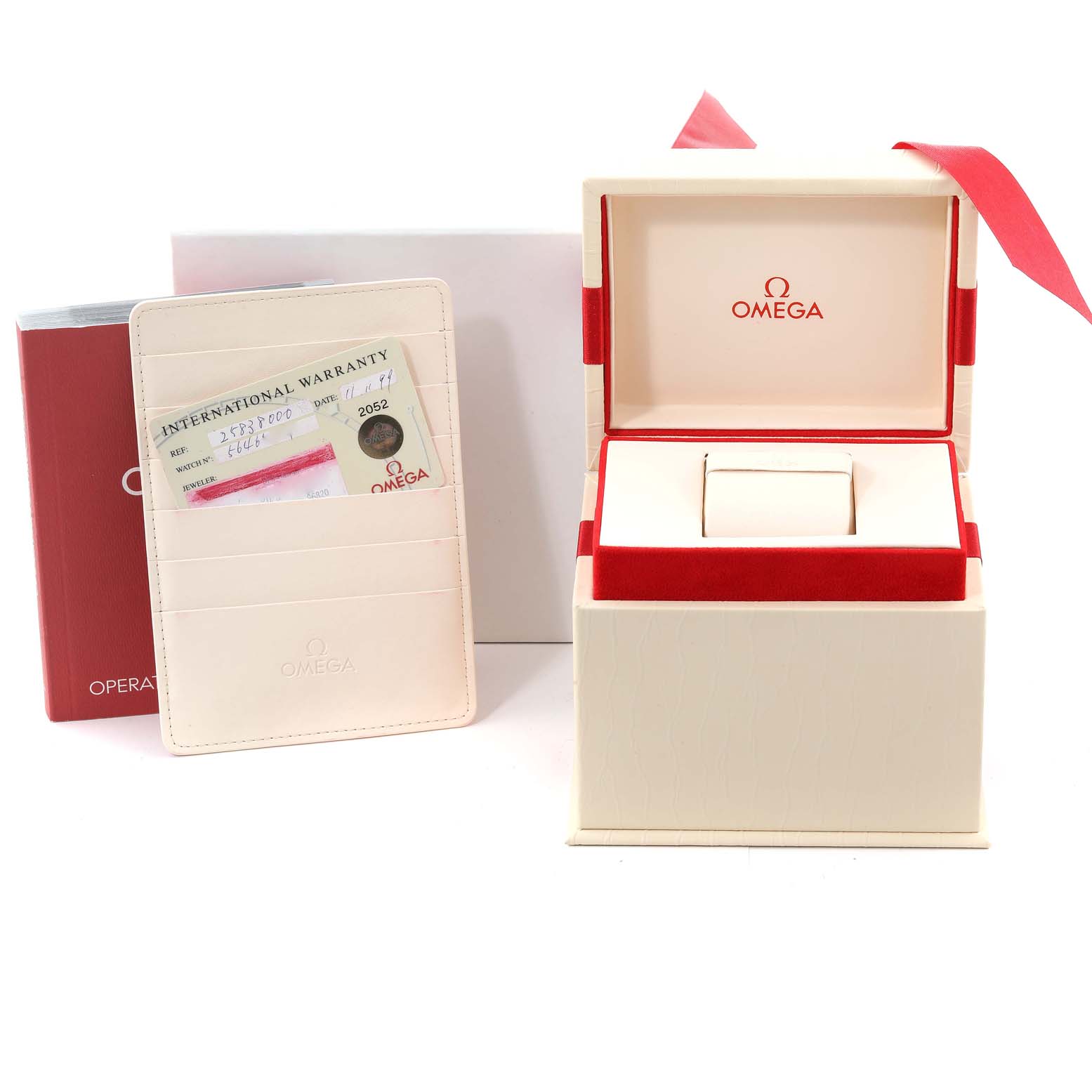 The image shows the Omega 2583.80.00 Women's Stainless Steel Blue Dial 2583.80.00 Women's Stainless Steel Blue Dial Seamaster Diver 300M 28mm Steel Ladies Watch 2583.80.00 packaging, including its box, warranty card, and instruction booklet.