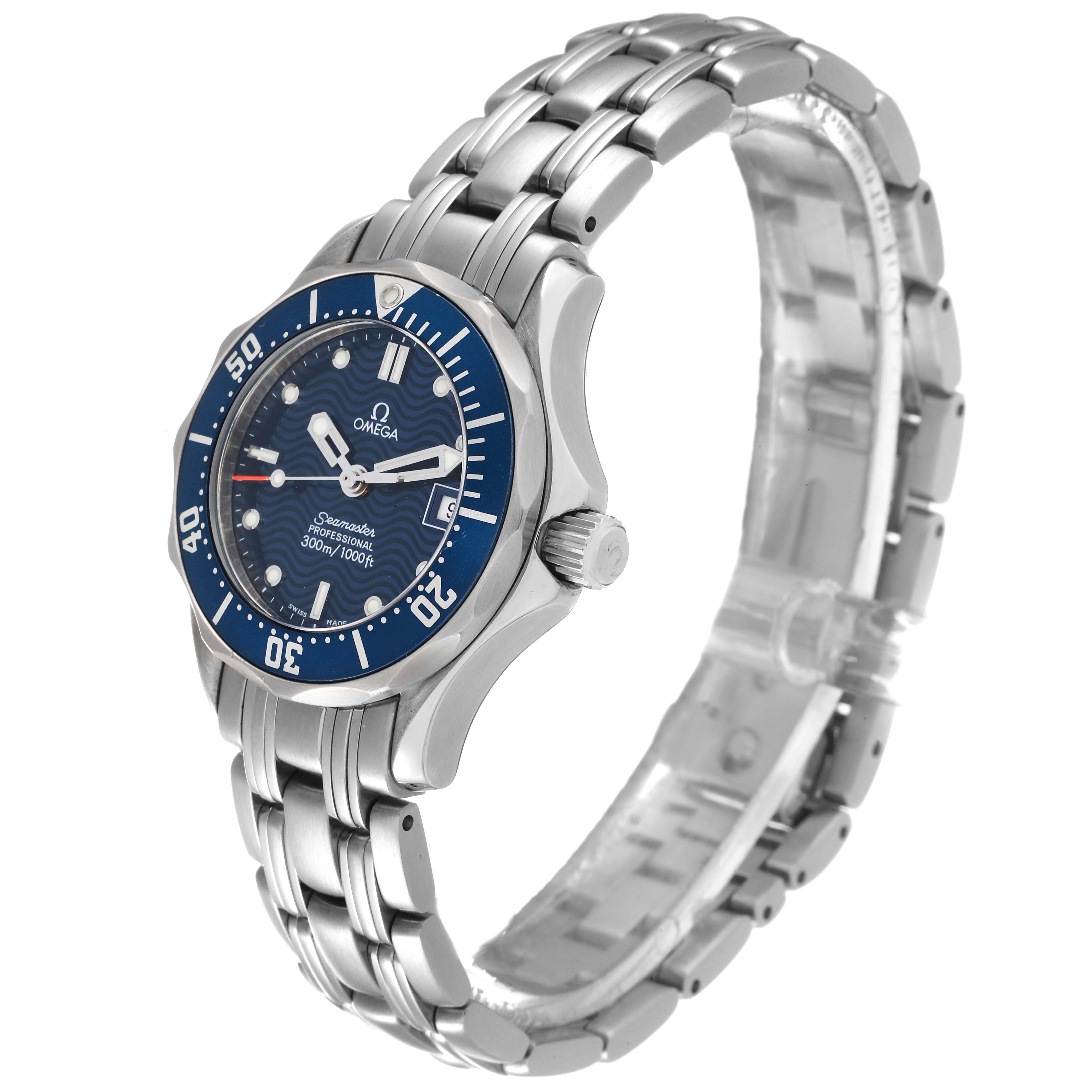 The Omega 2583.80.00 Women's Stainless Steel Blue Dial 2583.80.00 Women's Stainless Steel Blue Dial Seamaster Diver 300M 28mm Steel Ladies Watch 2583.80.00 is shown at a three-quarter angle displaying its blue dial, bezel, and stainless steel bracelet.