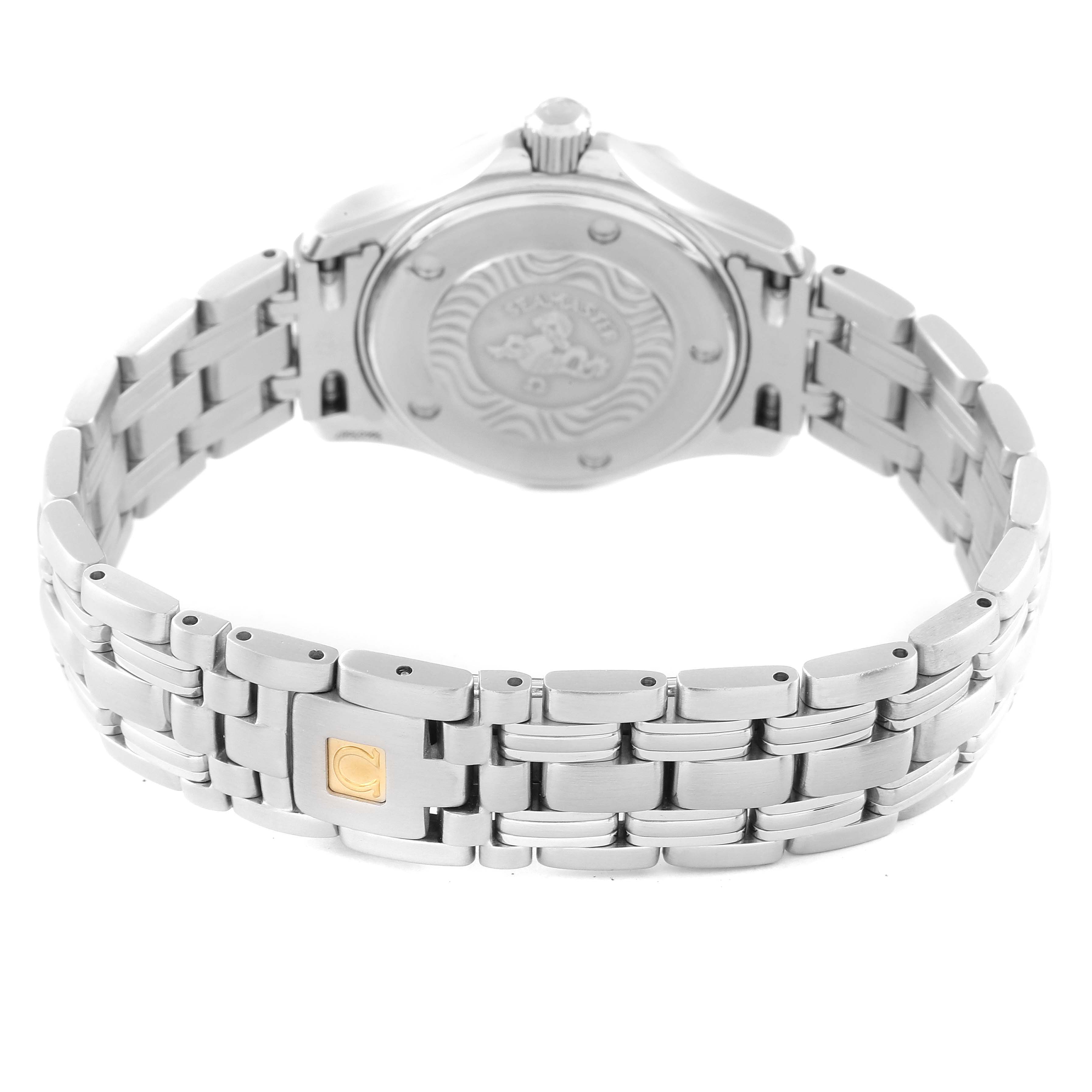 The image shows the back and bracelet of the Omega 2583.80.00 Women's Stainless Steel Blue Dial 2583.80.00 Women's Stainless Steel Blue Dial Seamaster Diver 300M 28mm Steel Ladies Watch 2583.80.00.