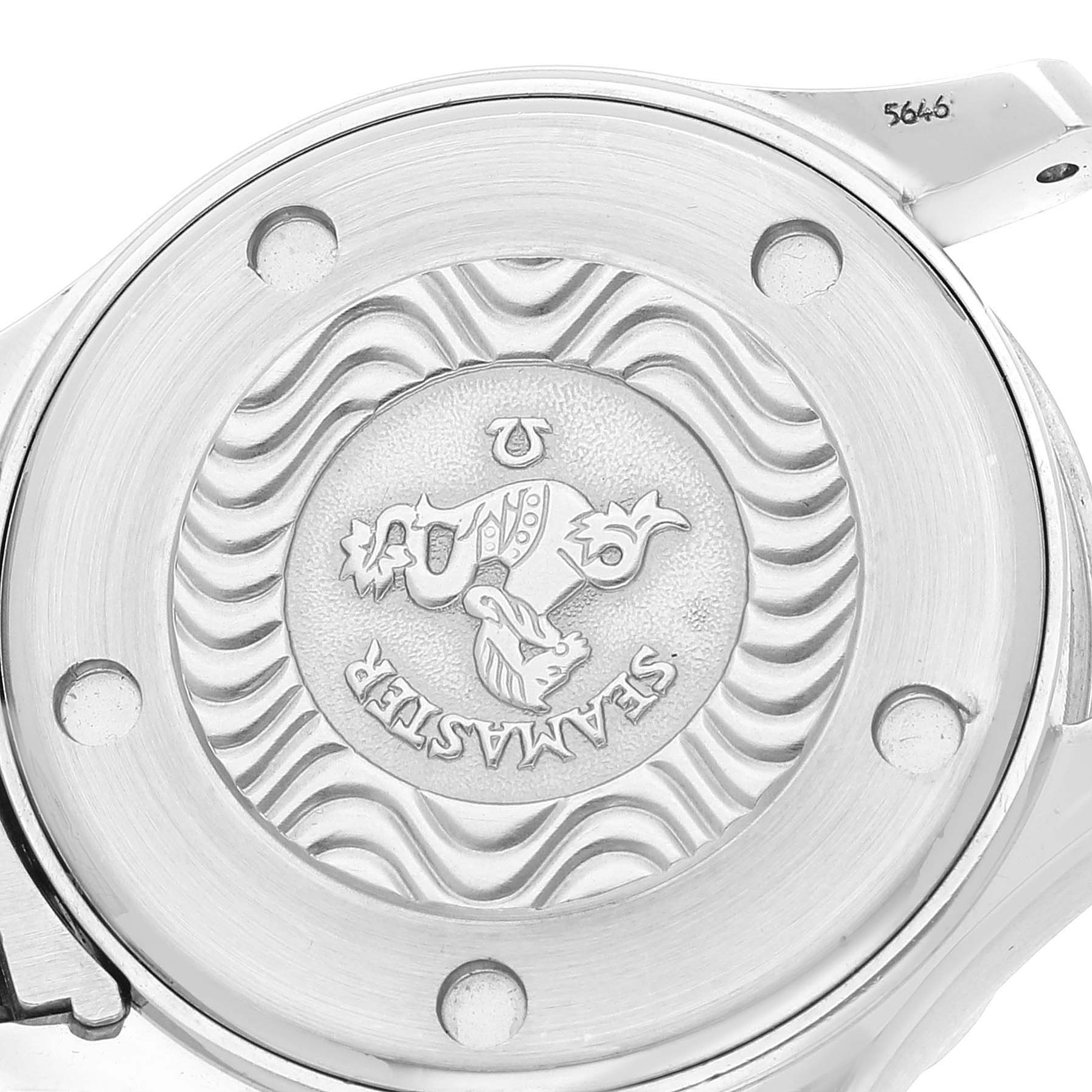 The image shows the case back of the Omega 2583.80.00 Women's Stainless Steel Blue Dial 2583.80.00 Women's Stainless Steel Blue Dial Seamaster Diver 300M 28mm Steel Ladies Watch 2583.80.00.