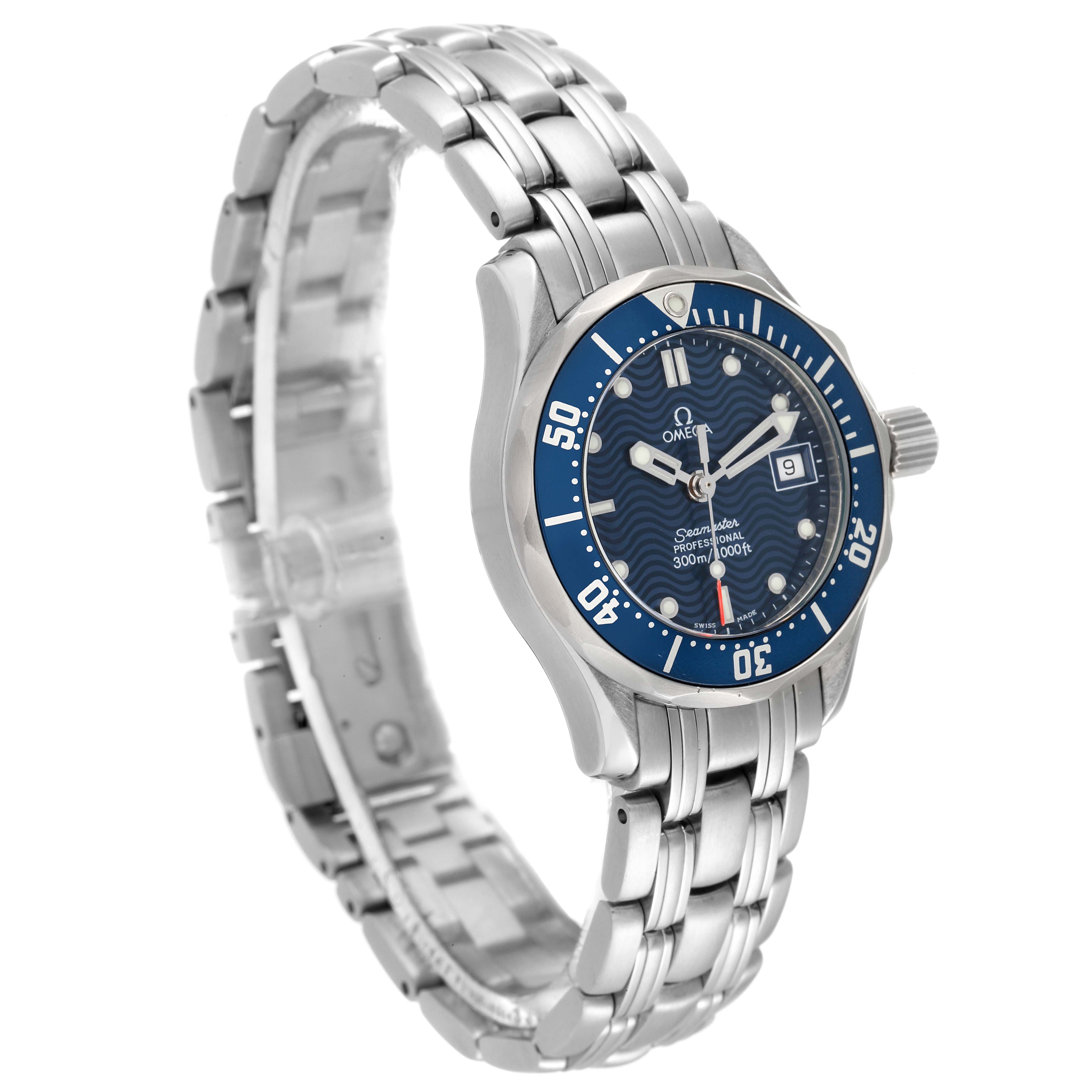 The Omega 2583.80.00 Women's Stainless Steel Blue Dial 2583.80.00 Women's Stainless Steel Blue Dial Seamaster Diver 300M 28mm Steel Ladies Watch 2583.80.00 is shown from a front angle, displaying the face, bezel, bracelet, and crown.