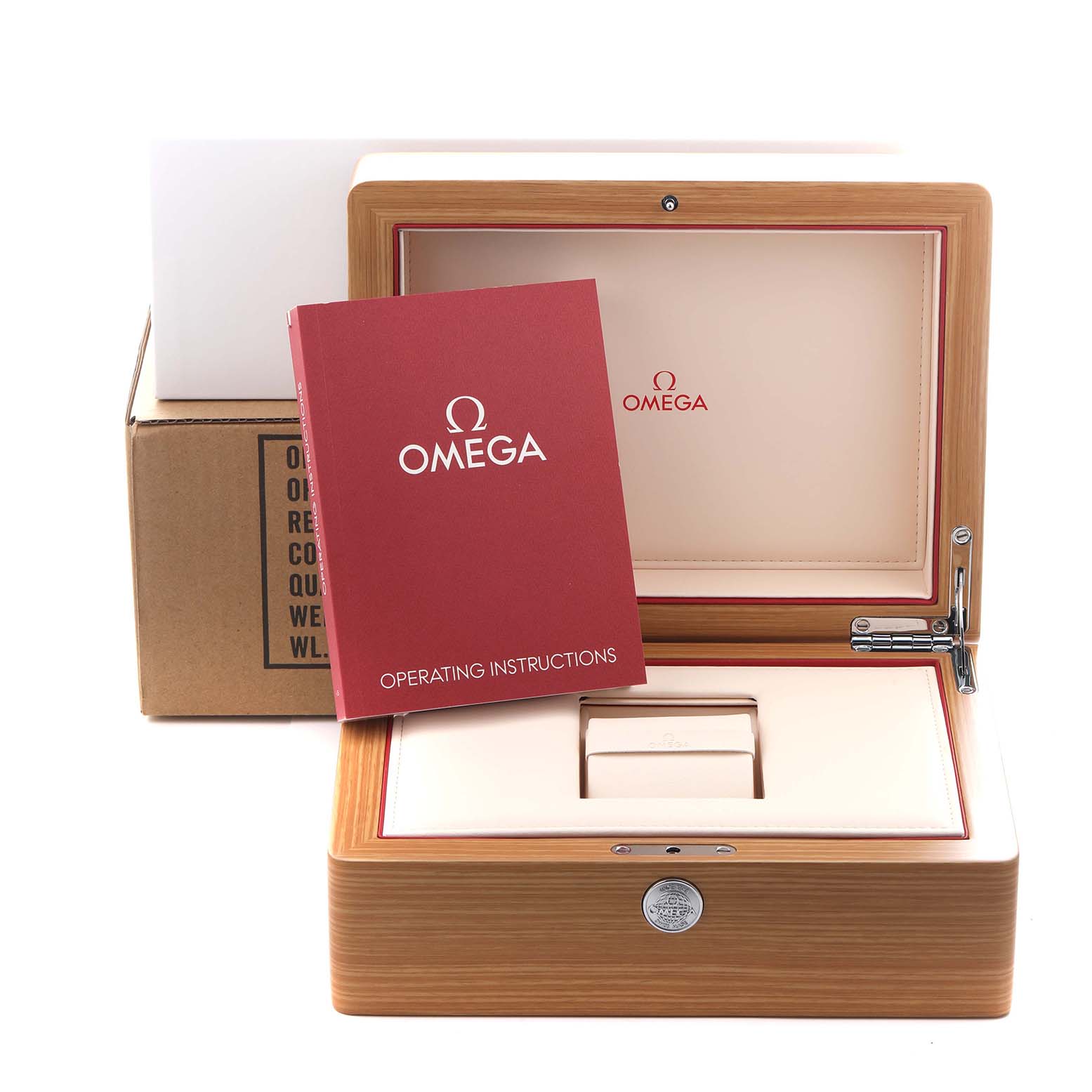 The image shows the Omega Seamaster 212.30.41.20.01.003 Men
s Stainless Steel Black Dial 212.30.41.20.01.003 Men
s Stainless Steel Black Dial watch box open with an operating instructions booklet.