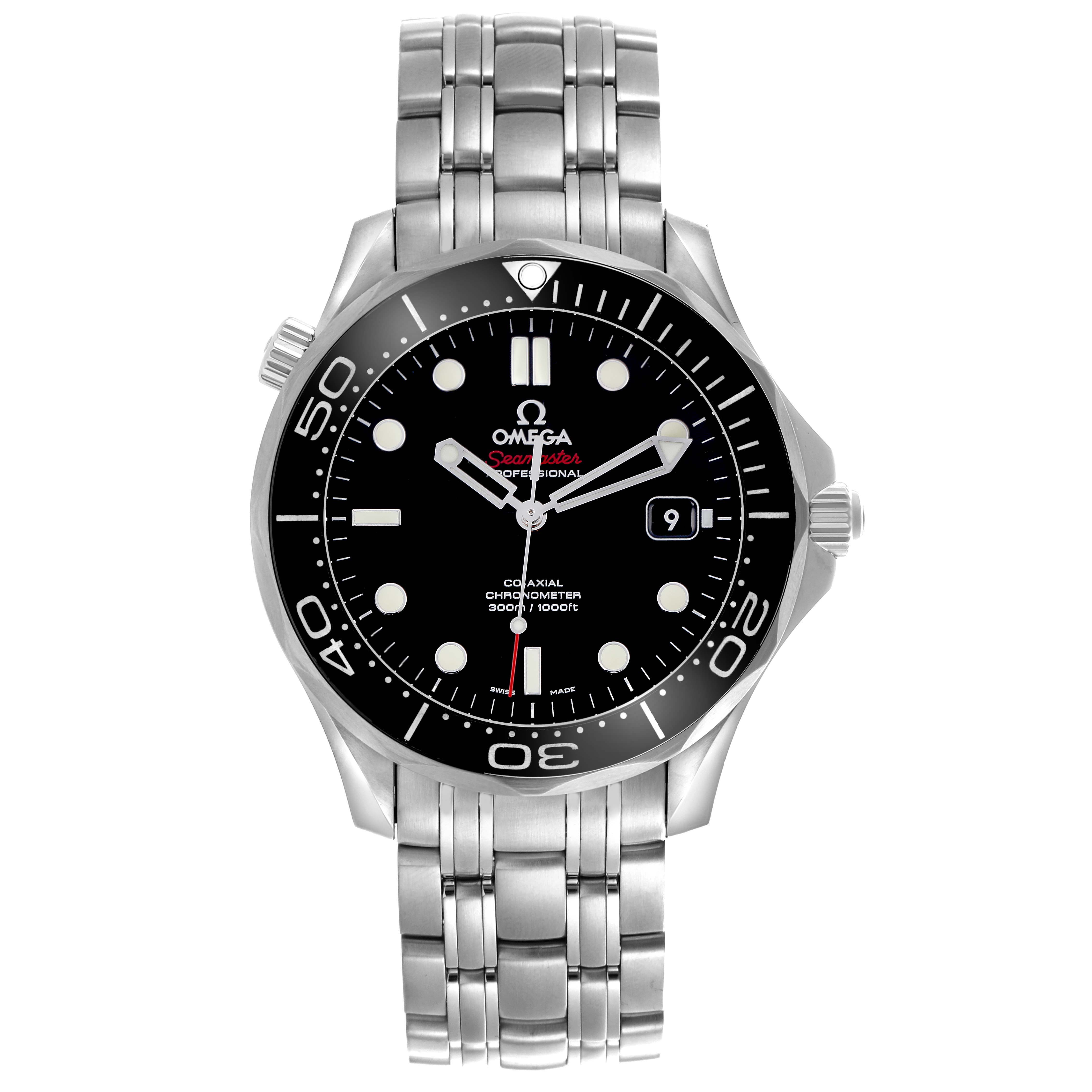 The Omega Seamaster 212.30.41.20.01.003 Men
s Stainless Steel Black Dial 212.30.41.20.01.003 Men
s Stainless Steel Black Dial watch is shown from the front, displaying the face, bezel, and stainless steel bracelet.