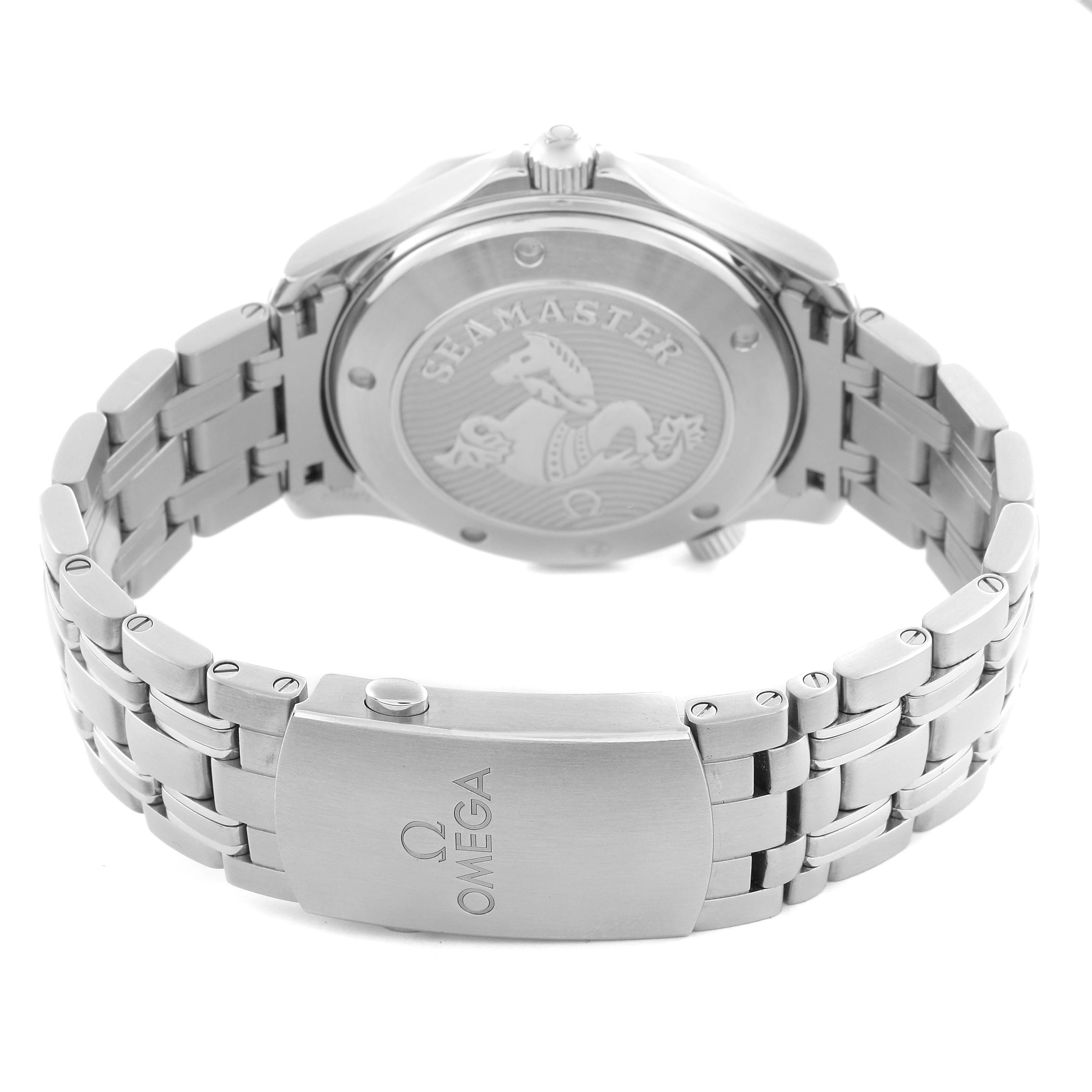 The image shows the back case and bracelet clasp of an Omega Seamaster 212.30.41.20.01.003 Men
s Stainless Steel Black Dial 212.30.41.20.01.003 Men
s Stainless Steel Black Dial watch, highlighting the engraved logo and branding.