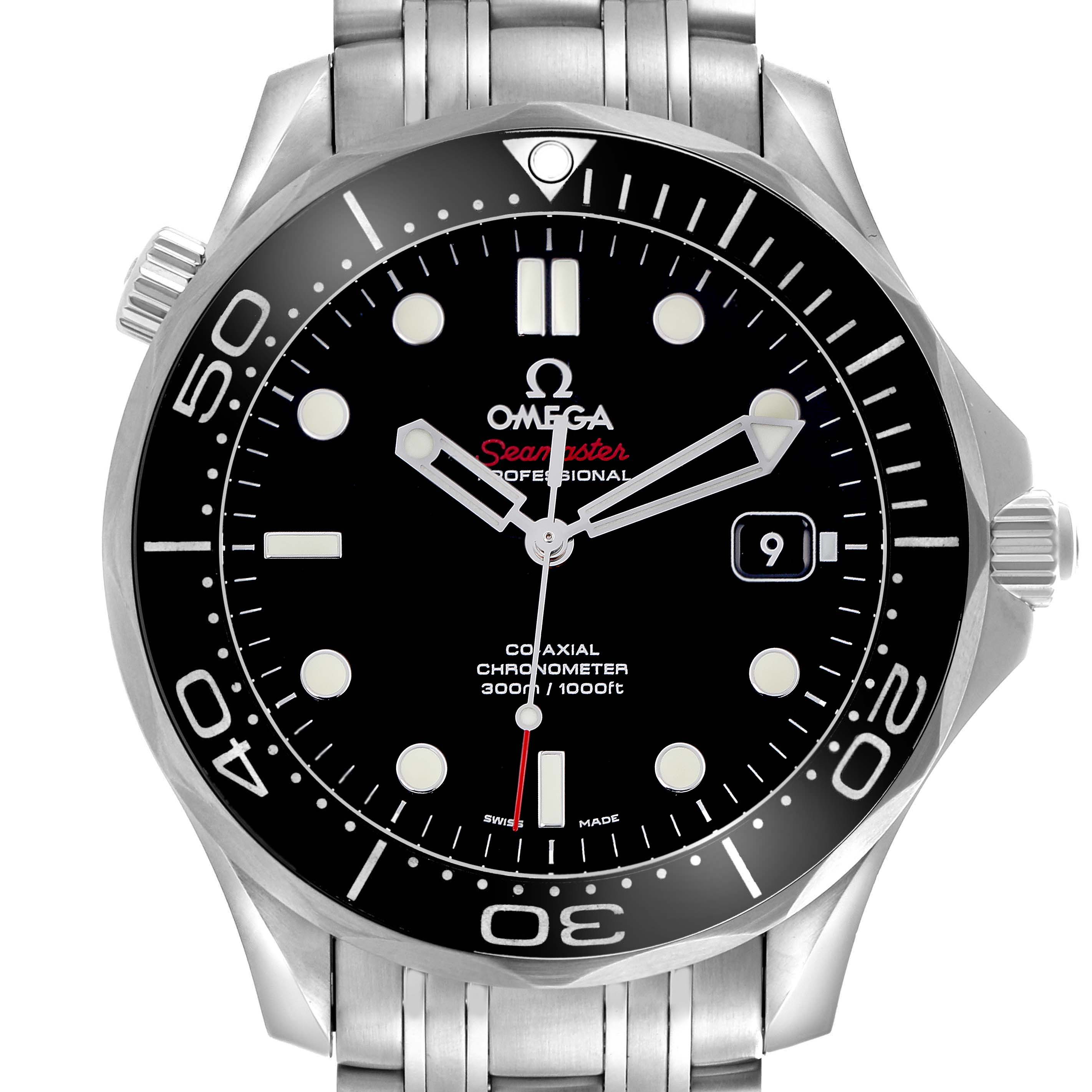 The Omega Seamaster 212.30.41.20.01.003 Men
s Stainless Steel Black Dial 212.30.41.20.01.003 Men
s Stainless Steel Black Dial watch is shown from a front angle, highlighting the dial, bezel, and partial bracelet.