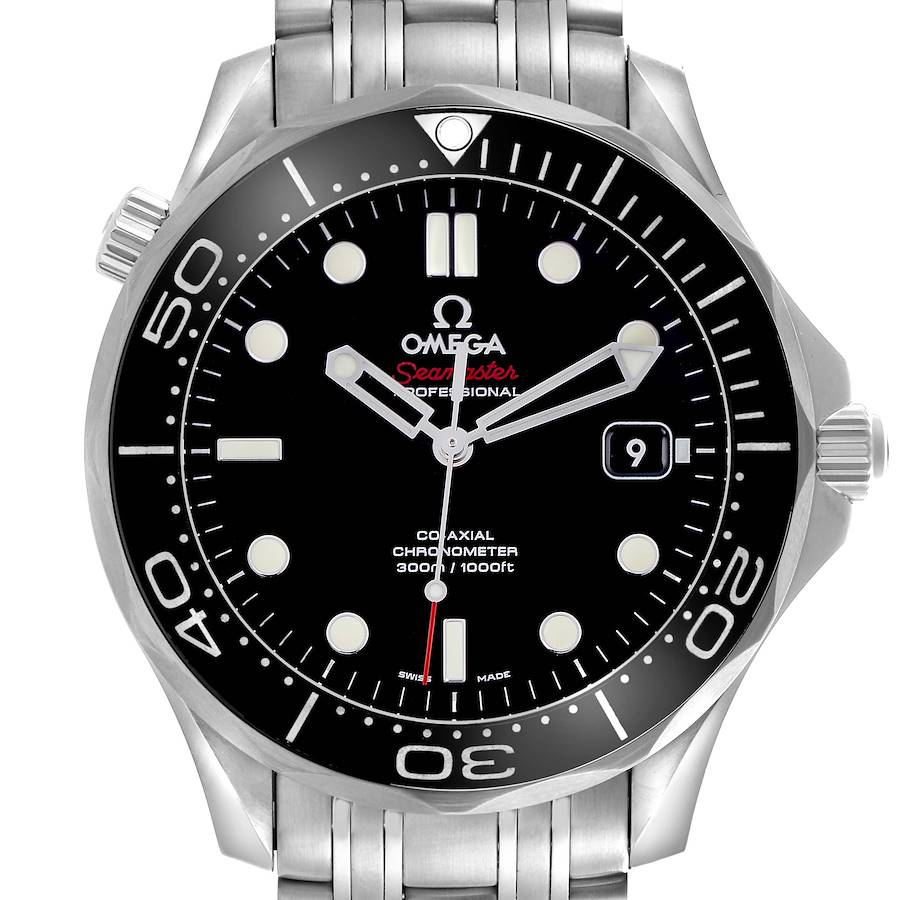 The Omega Seamaster watch is shown from a front angle, highlighting the dial, bezel, and partial bracelet.