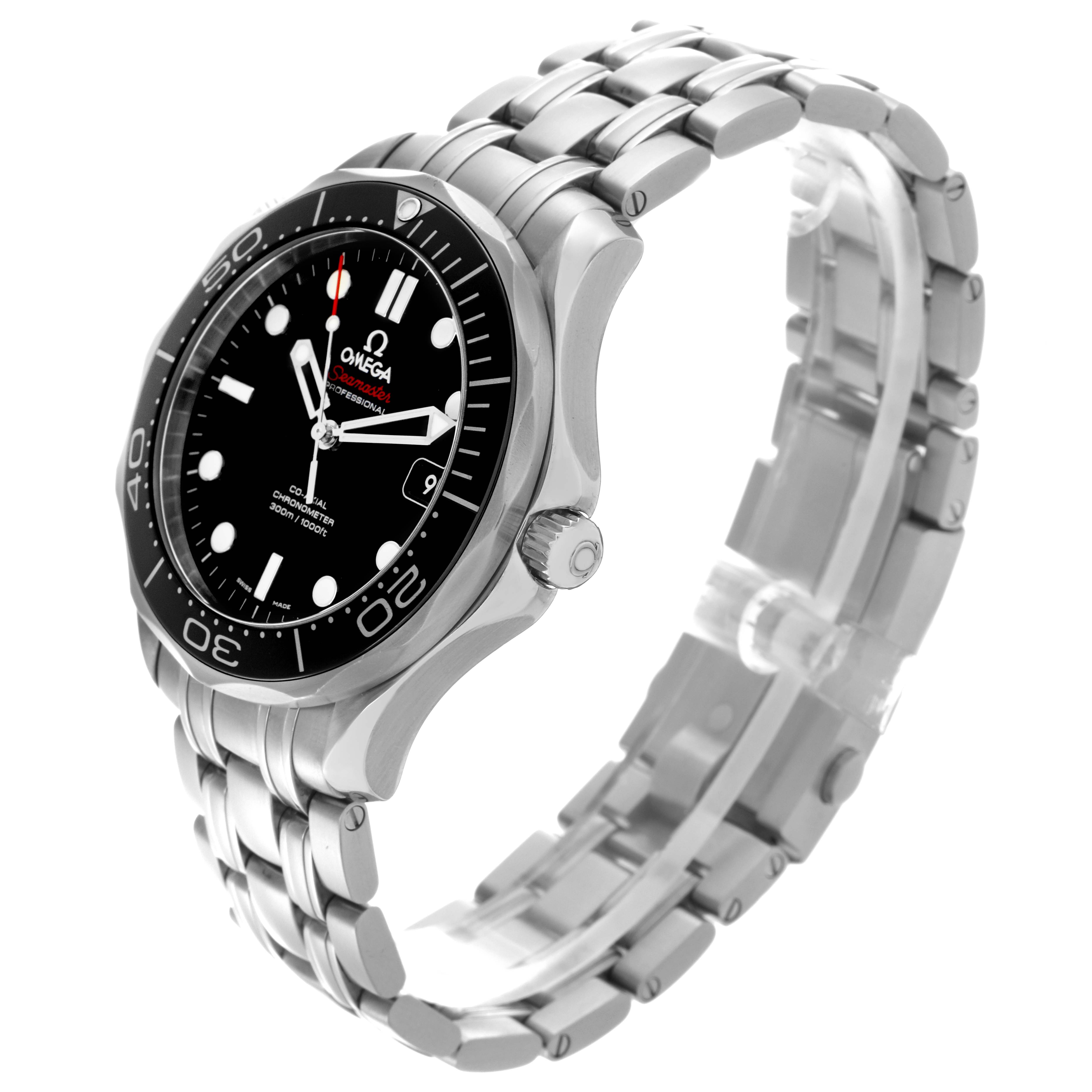 The Omega Seamaster 212.30.41.20.01.003 Men
s Stainless Steel Black Dial 212.30.41.20.01.003 Men
s Stainless Steel Black Dial watch is shown at an angle highlighting the dial, bezel, crown, and bracelet.