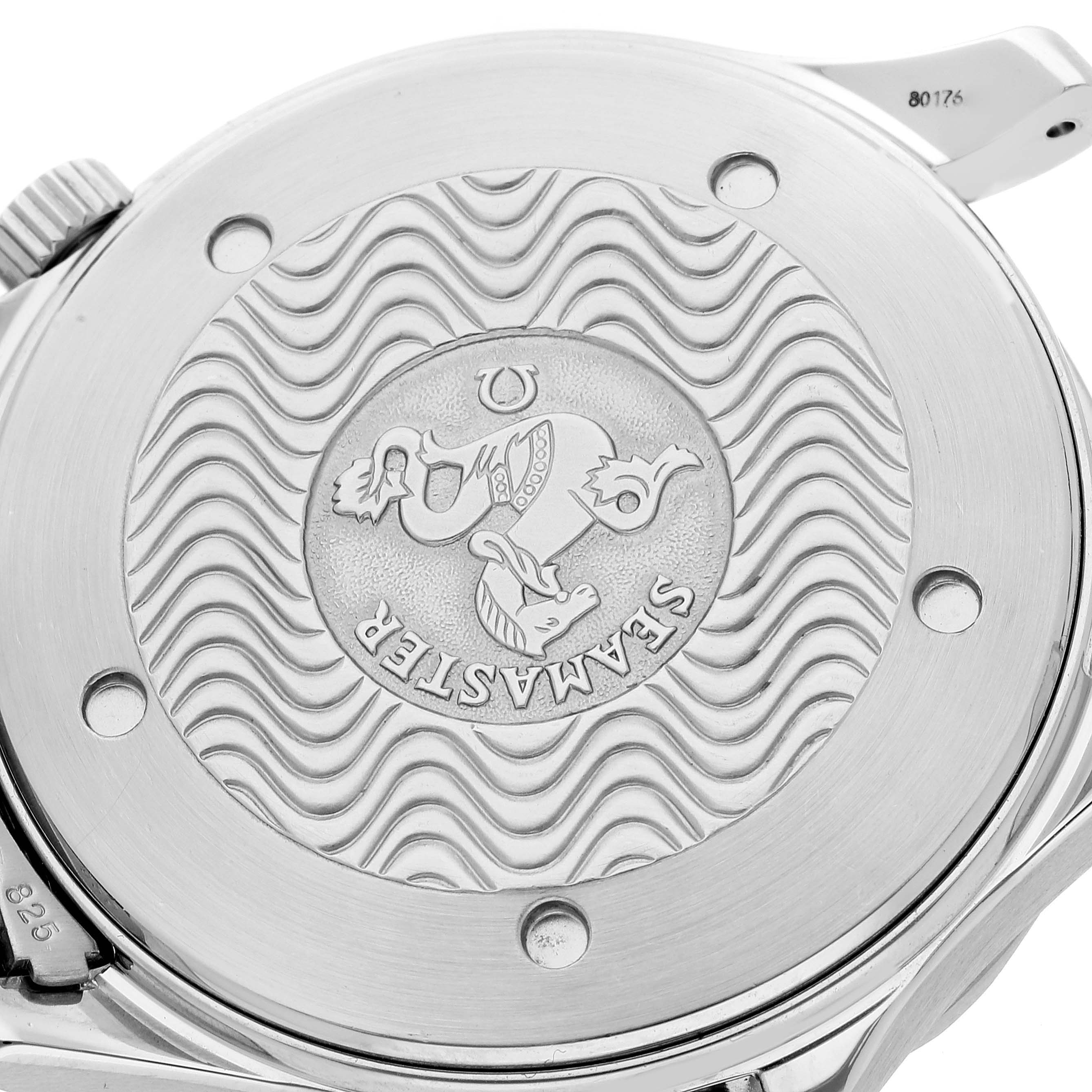 The image shows the back case of an Omega Seamaster 2531.80.00 Men's Stainless Steel Blue Dial 2531.80.00 Men's Stainless Steel Blue Dial watch, highlighting the engraved wave pattern and logo.