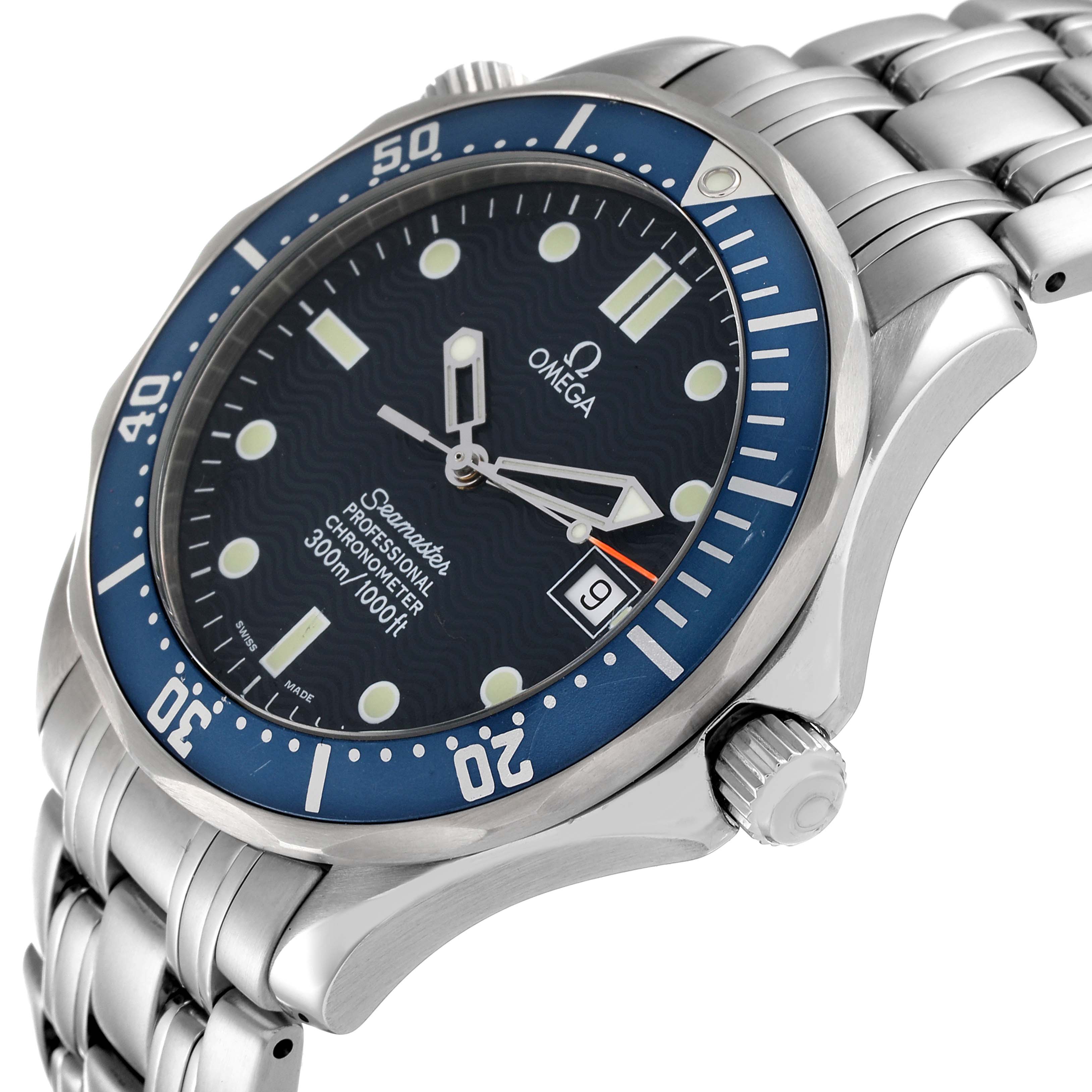The image shows a side angle of the Omega Seamaster 2531.80.00 Men's Stainless Steel Blue Dial 2531.80.00 Men's Stainless Steel Blue Dial watch, highlighting the bezel, dial, bracelet, and crown.